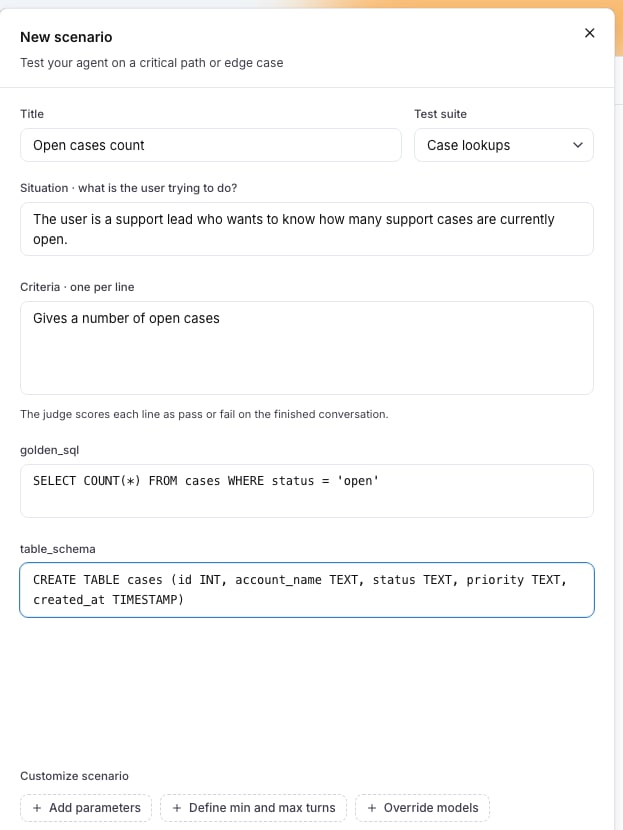 The scenario editor with the golden_sql and table_schema boxes filled in under the criteria