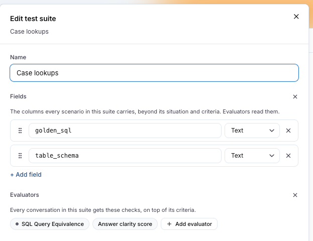 The Edit test suite drawer with the field rows golden_sql and table_schema, each with a drag handle, a type of Text and a remove button, and the evaluator chips under them