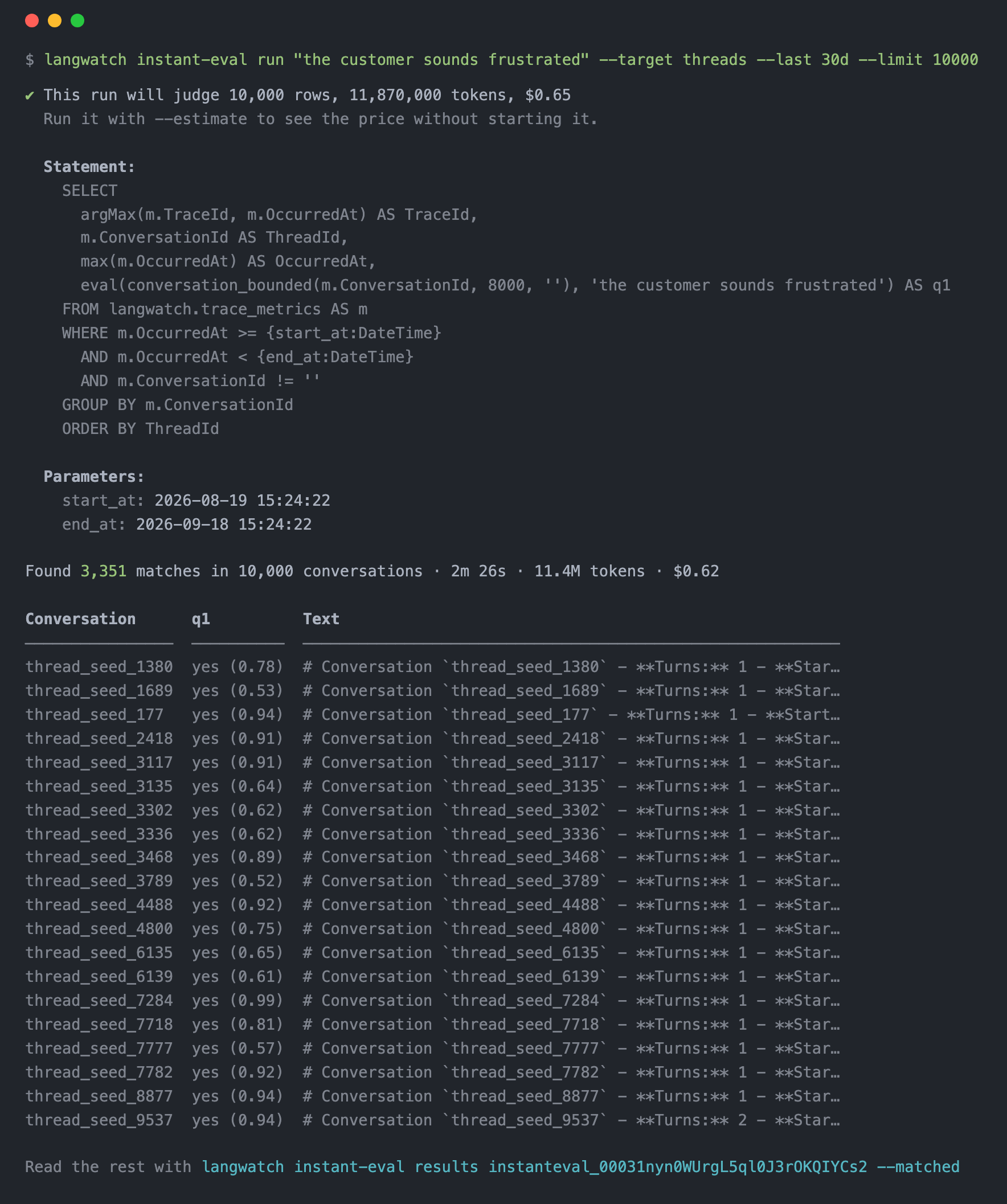 Terminal output of an Instant Eval run over 10,000 conversations