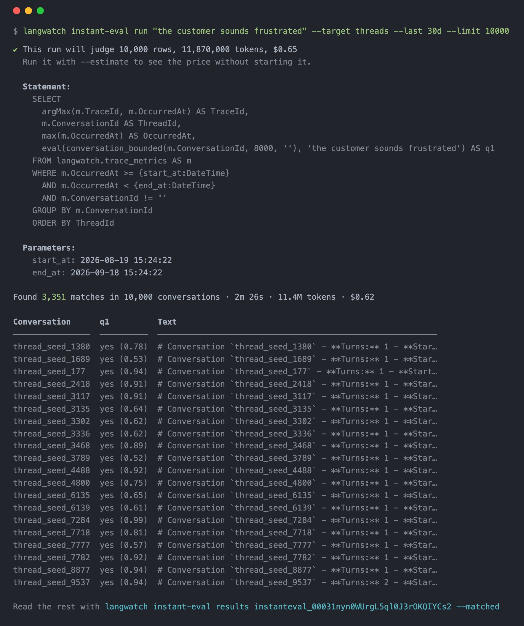 Terminal output of an Instant Eval run over 10,000 conversations