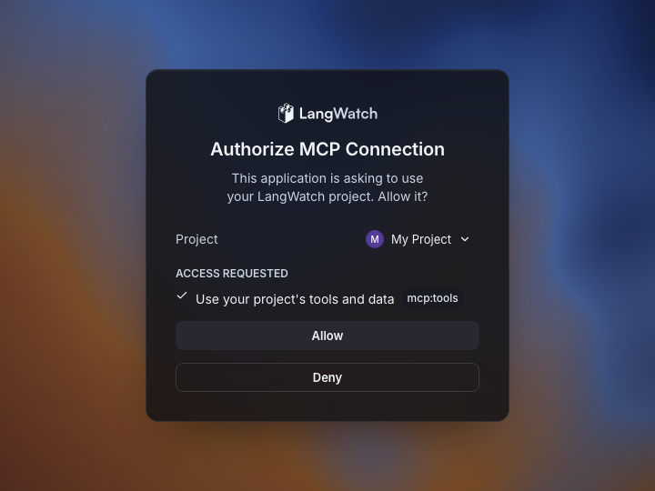 The Authorize MCP Connection page, asking to allow a client to use a LangWatch project