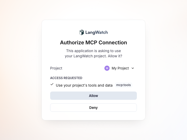 The Authorize MCP Connection page, asking to allow a client to use a LangWatch project