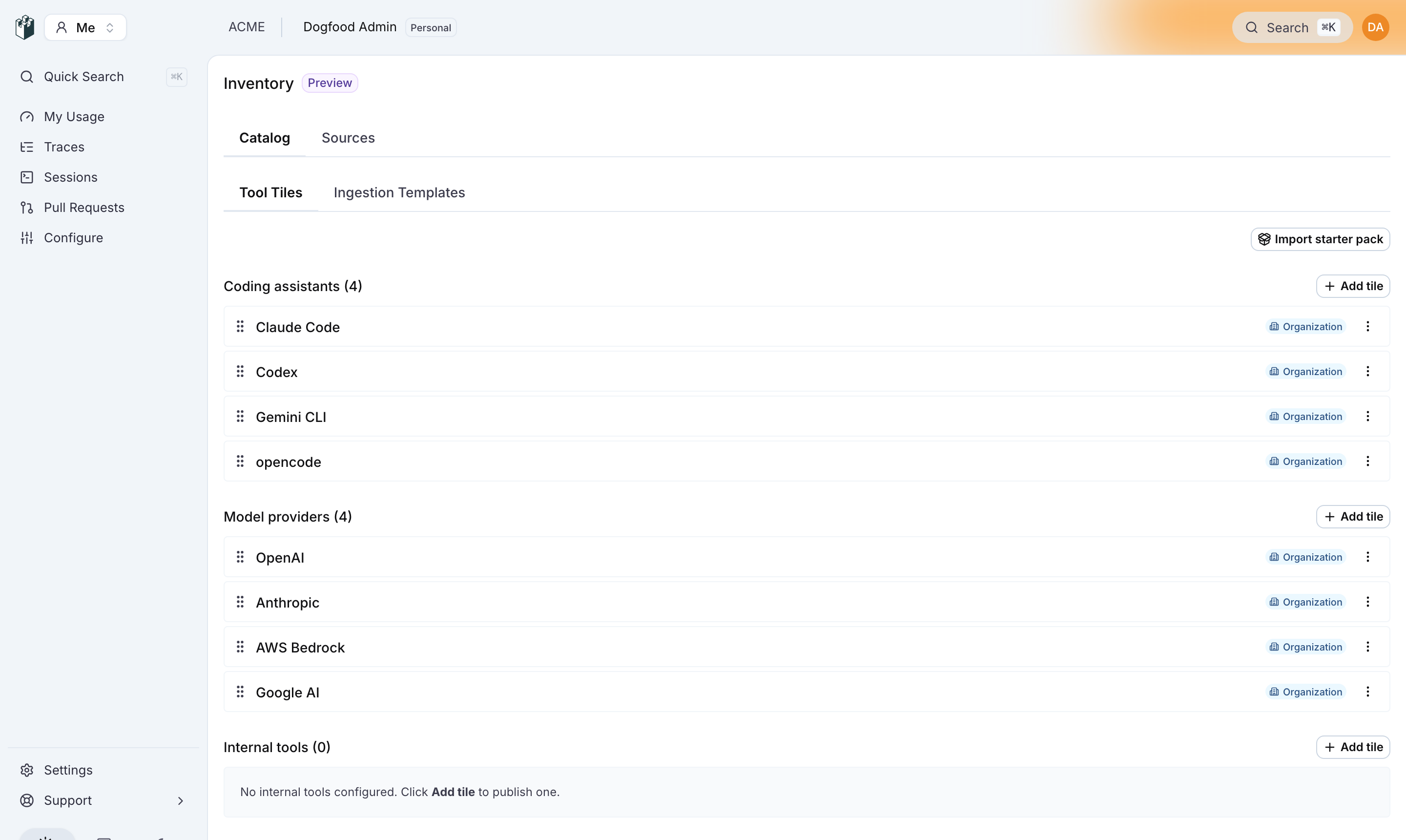 The Catalog tab of the inventory