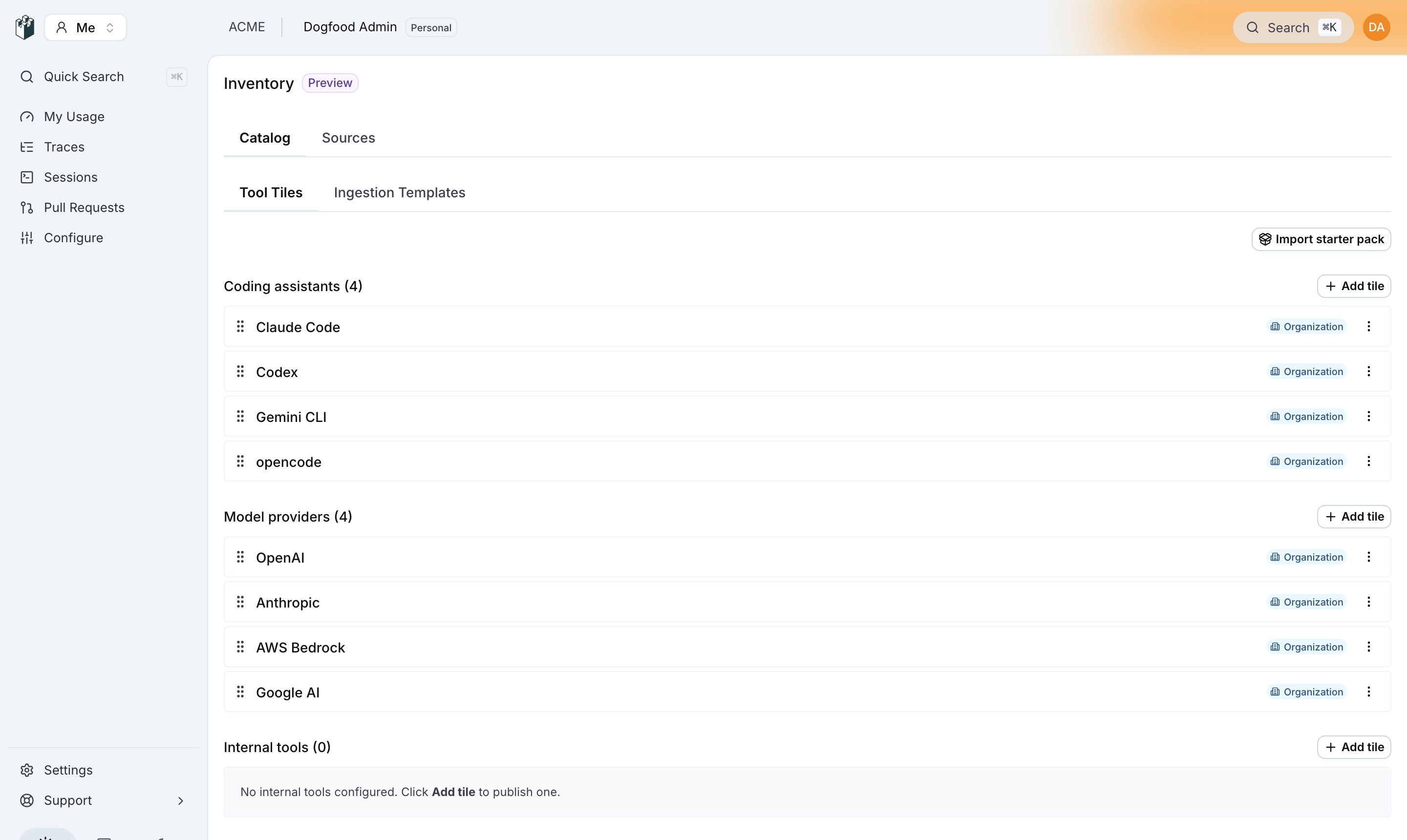 The Catalog tab of the inventory