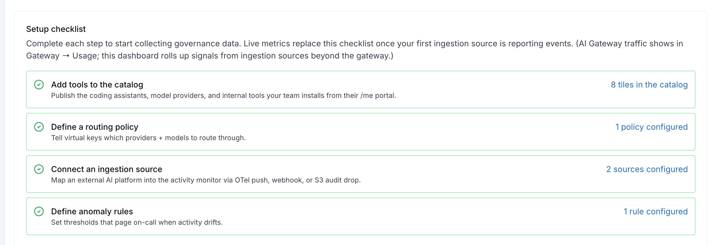 The AI Governance overview with the setup checklist