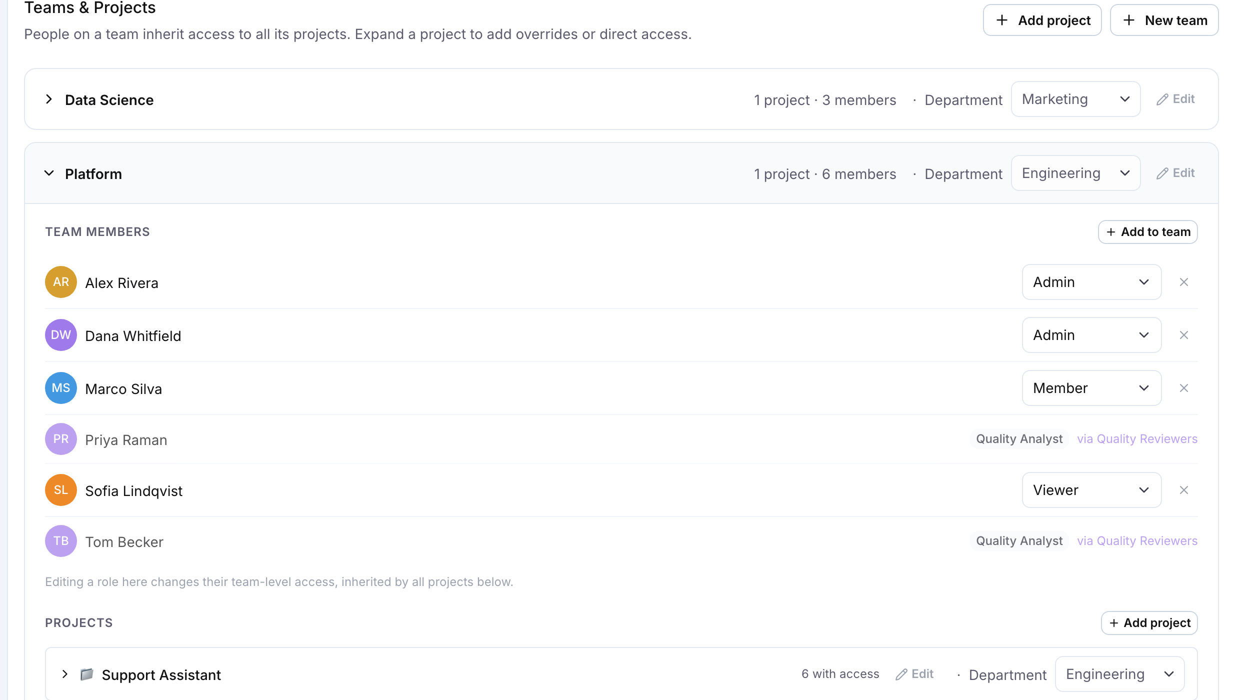 The department pickers on Settings > Teams & Projects