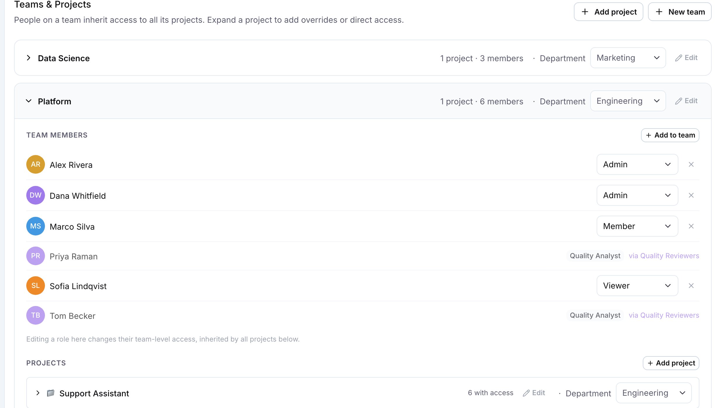 The department pickers on Settings > Teams & Projects