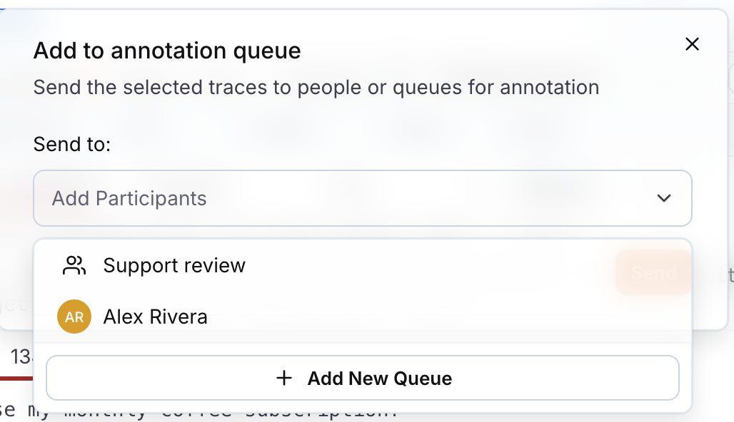 The Add to annotation queue dialog from the Trace Explorer, with Send to open and listing the Support review queue, a person and Add New Queue