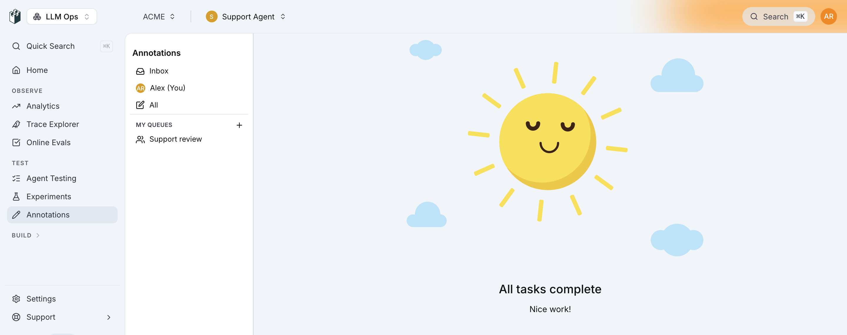 The All tasks complete screen with the annotations sidebar, shown when the reviewer has no pending queue item left