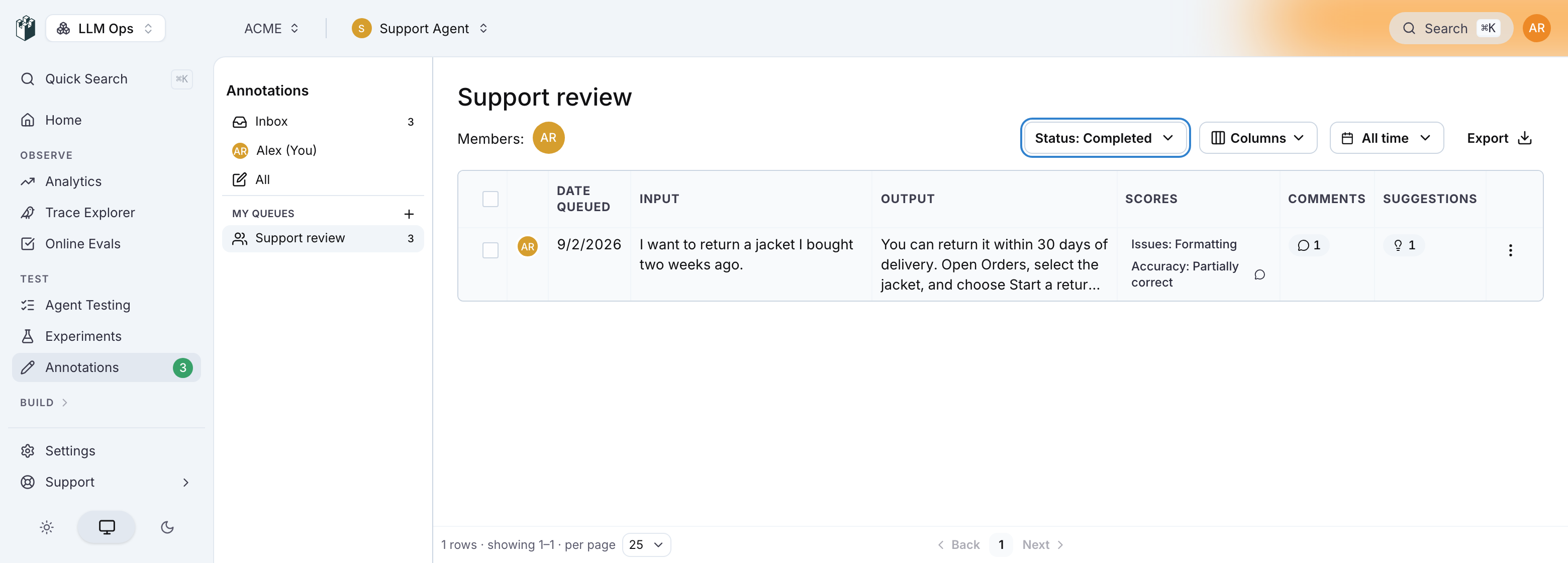 The Support review queue page with Status: Completed, showing the one completed item with its Issues and Accuracy scores, one comment and one suggestion, next to Members, Columns, All time and Export