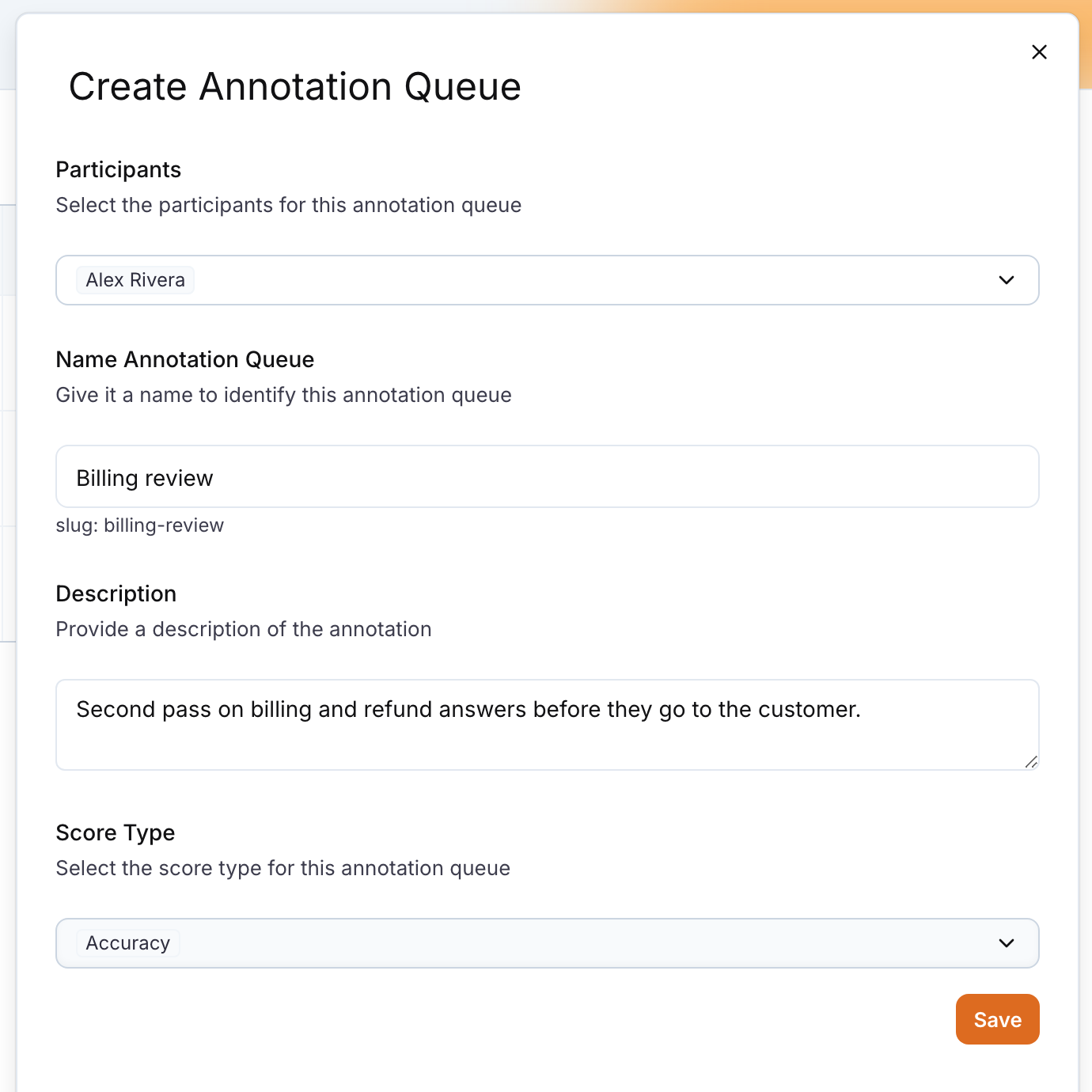 The Create Annotation Queue drawer filled in: a participant, the name with its slug, a description, the Accuracy score type and Save