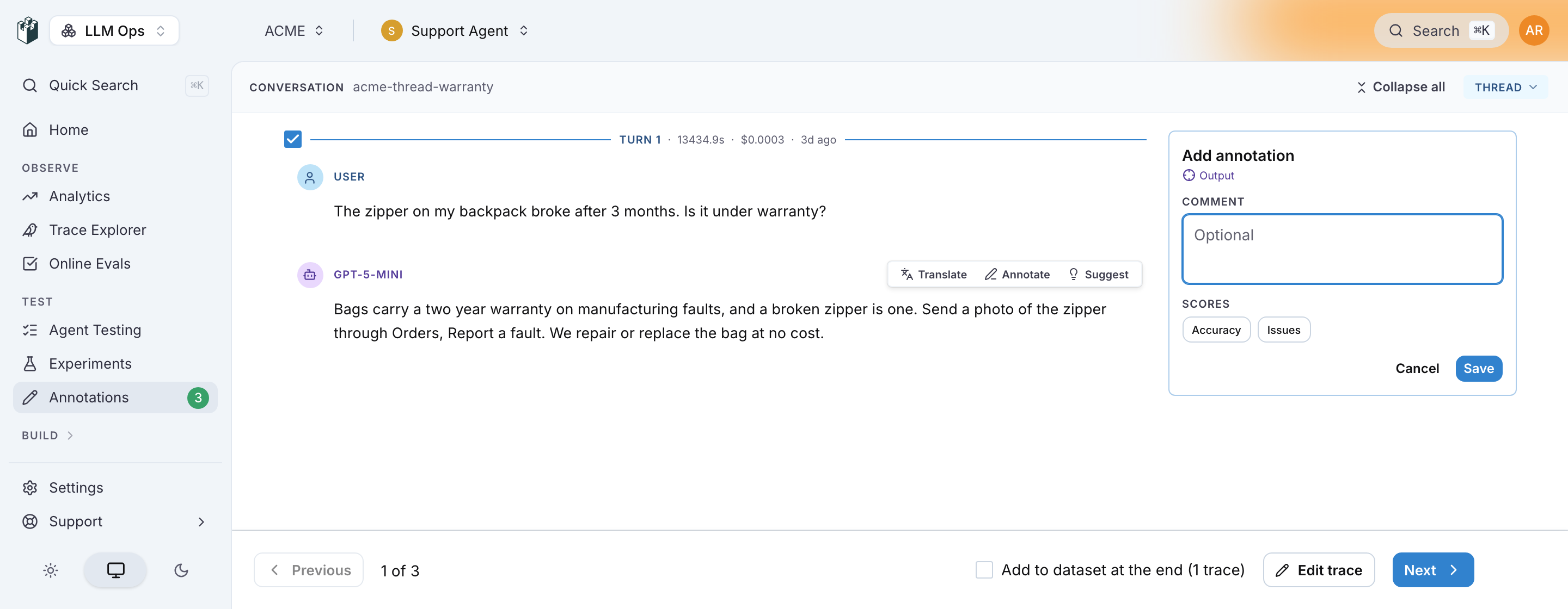 The review page for a queue item: the conversation with the Add annotation composer open beside it, and the bottom bar with Previous, 1 of 3, the Add to dataset at the end checkbox counting 1 trace, Edit trace and Next