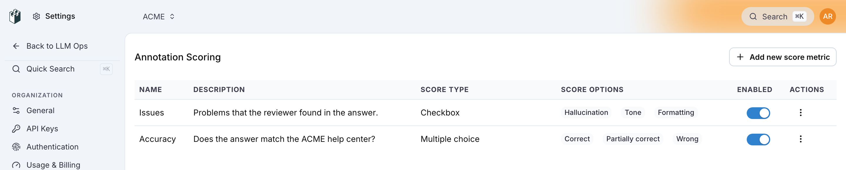 The Annotation Scoring settings page with Add new score metric and the table of two score metrics: Issues as Checkbox with three options and Accuracy as Multiple choice with three options, both Enabled