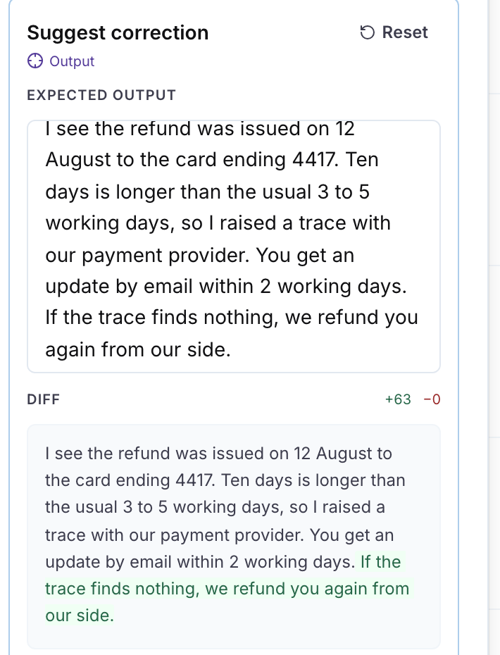 The Suggest correction composer with one sentence added to the Expected output and the Diff section showing +63 -0 with the added sentence highlighted