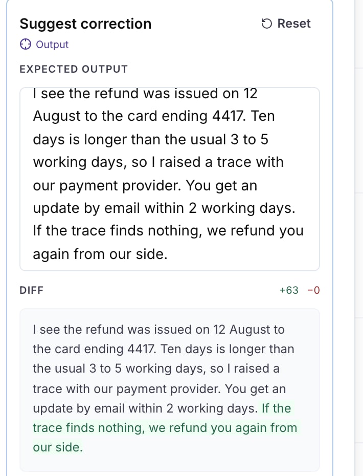 The Suggest correction composer with one sentence added to the Expected output and the Diff section showing +63 -0 with the added sentence highlighted