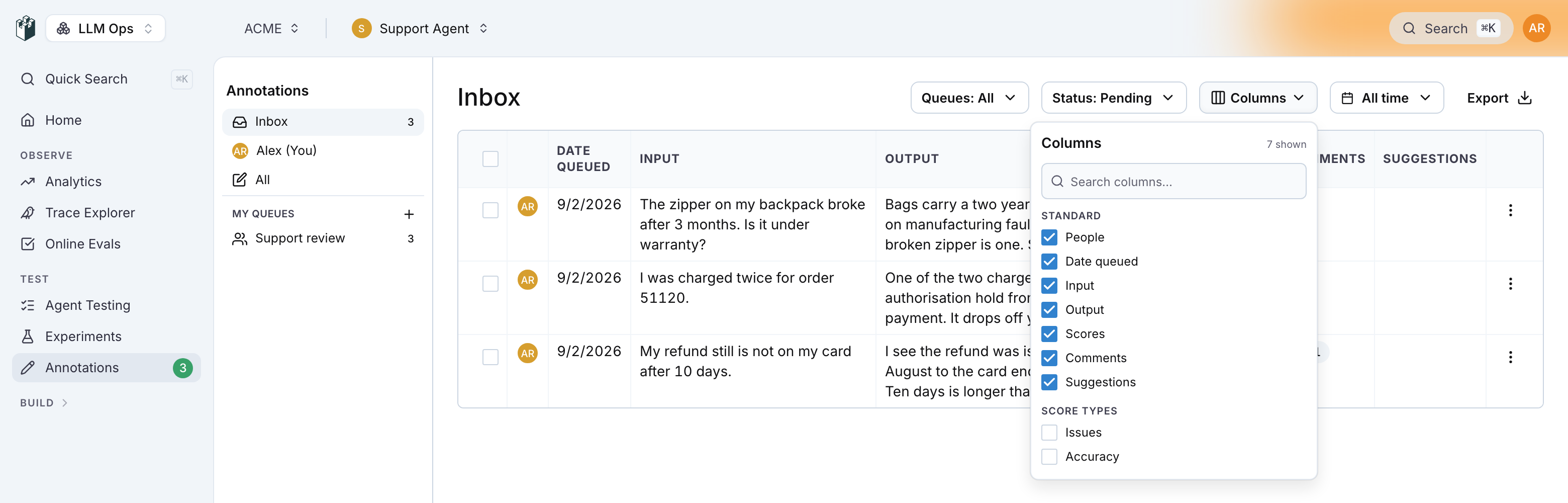 The Columns popover with the 7 shown count, a search box, the Standard section with every column ticked and the Score types section with Issues and Accuracy