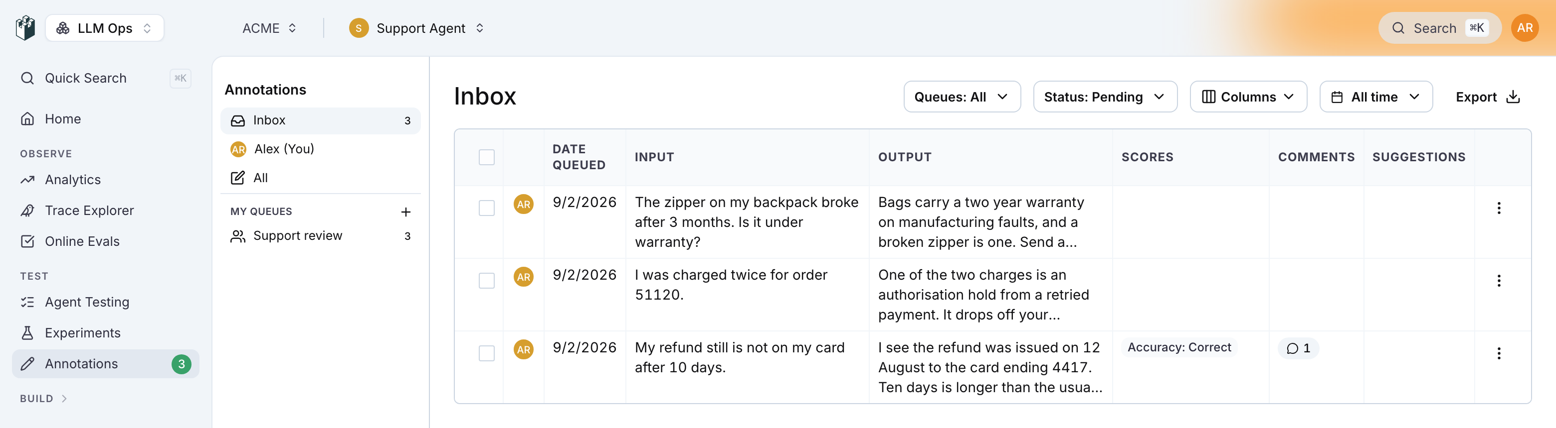 The annotations inbox: the sidebar with Inbox, You, All and the Support review queue, the Queues, Status: Pending, Columns and All time filters, Export, and the table with the reviewer avatars, Date queued, Input, Output, Scores, Comments and Suggestions