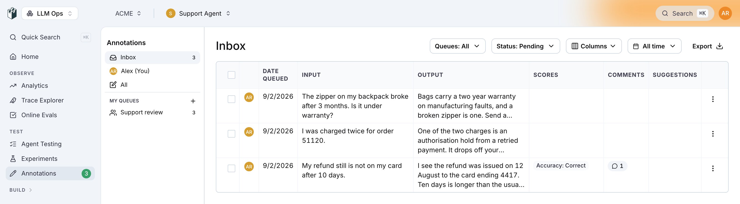 The annotations inbox: the sidebar with Inbox, You, All and the Support review queue, the Queues, Status: Pending, Columns and All time filters, Export, and the table with the reviewer avatars, Date queued, Input, Output, Scores, Comments and Suggestions