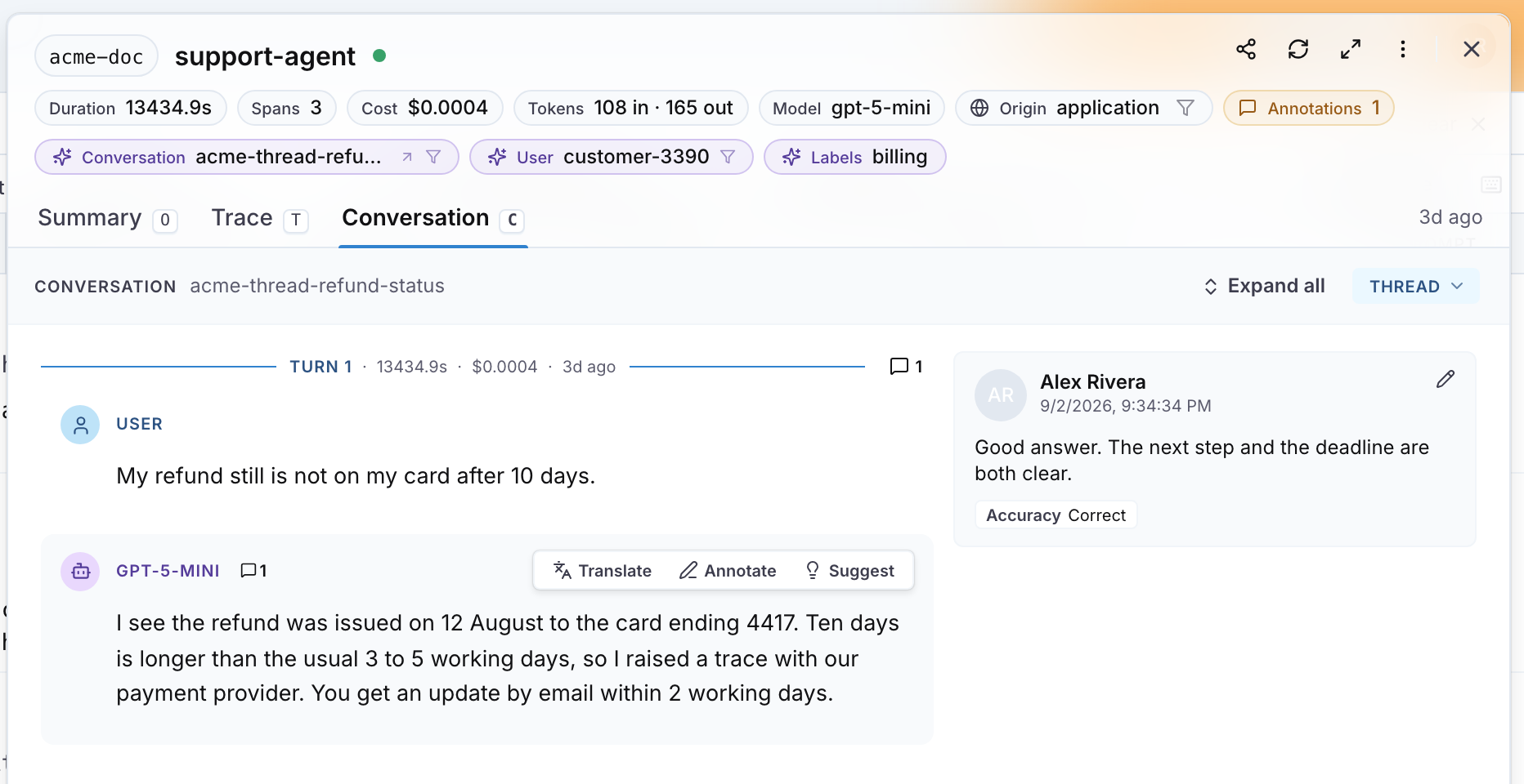 A reply in the conversation view with the Translate, Annotate and Suggest buttons, and a saved annotation with its comment and Accuracy score beside it