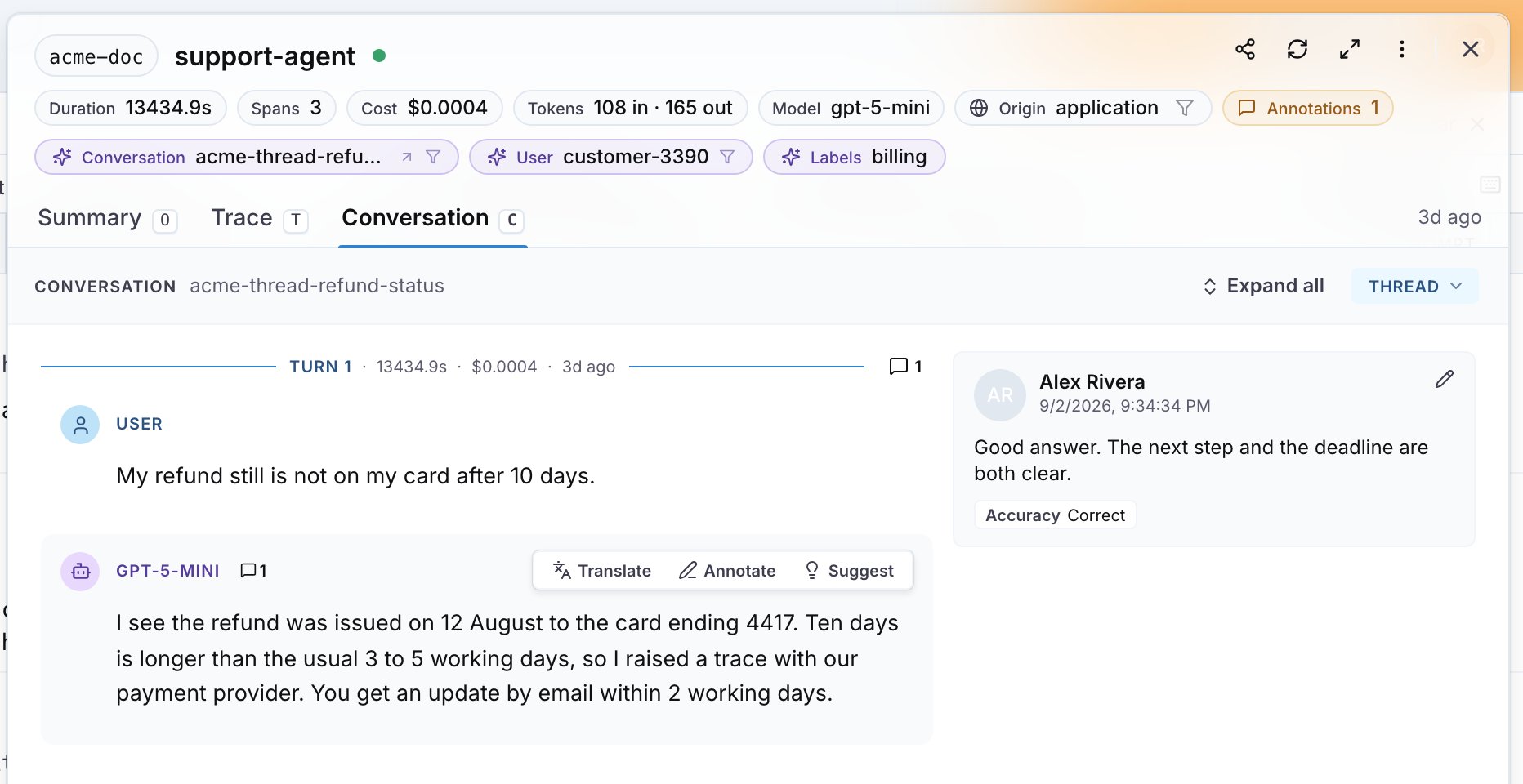 A reply in the conversation view with the Translate, Annotate and Suggest buttons, and a saved annotation with its comment and Accuracy score beside it