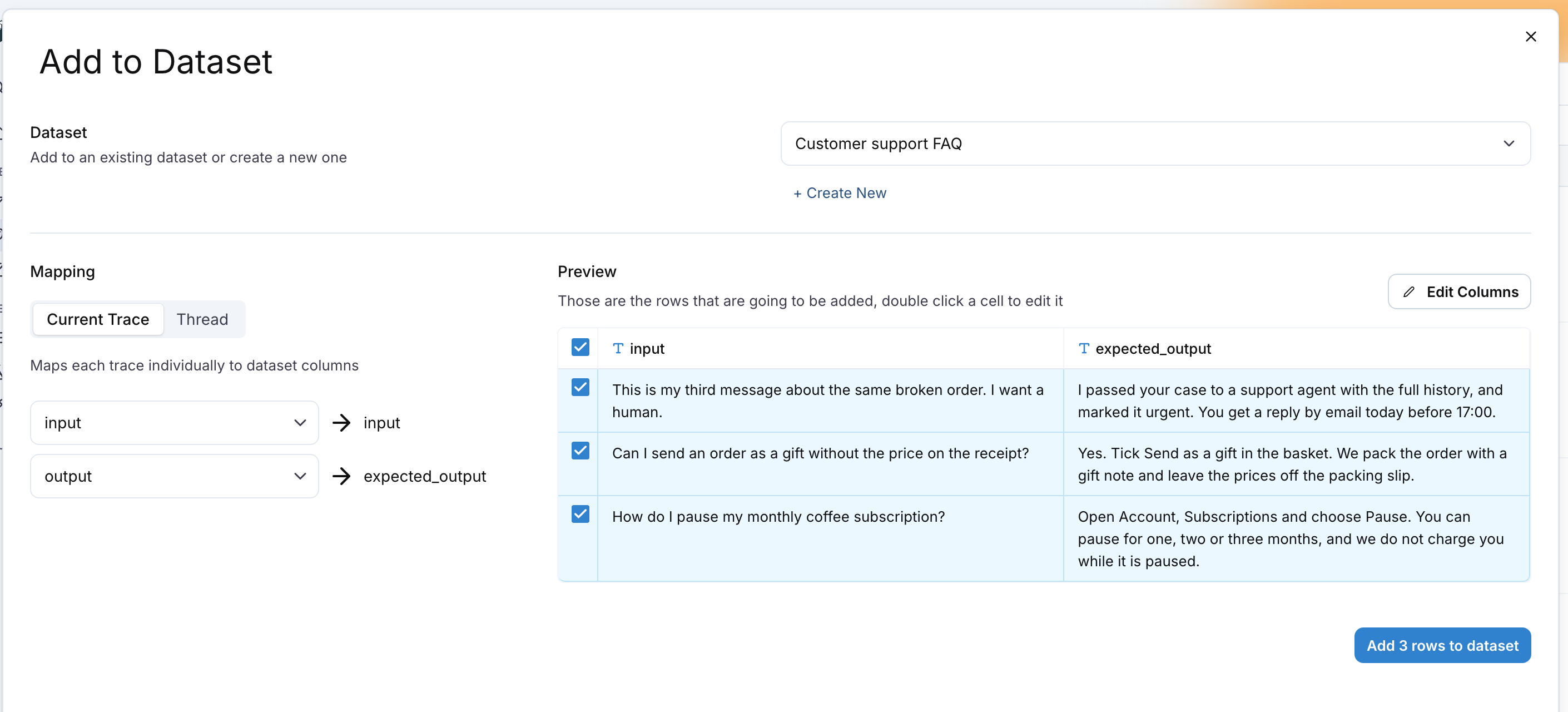 The Add to Dataset drawer with the Current Trace mapping of input and output onto the dataset columns and the three preview rows that will be added