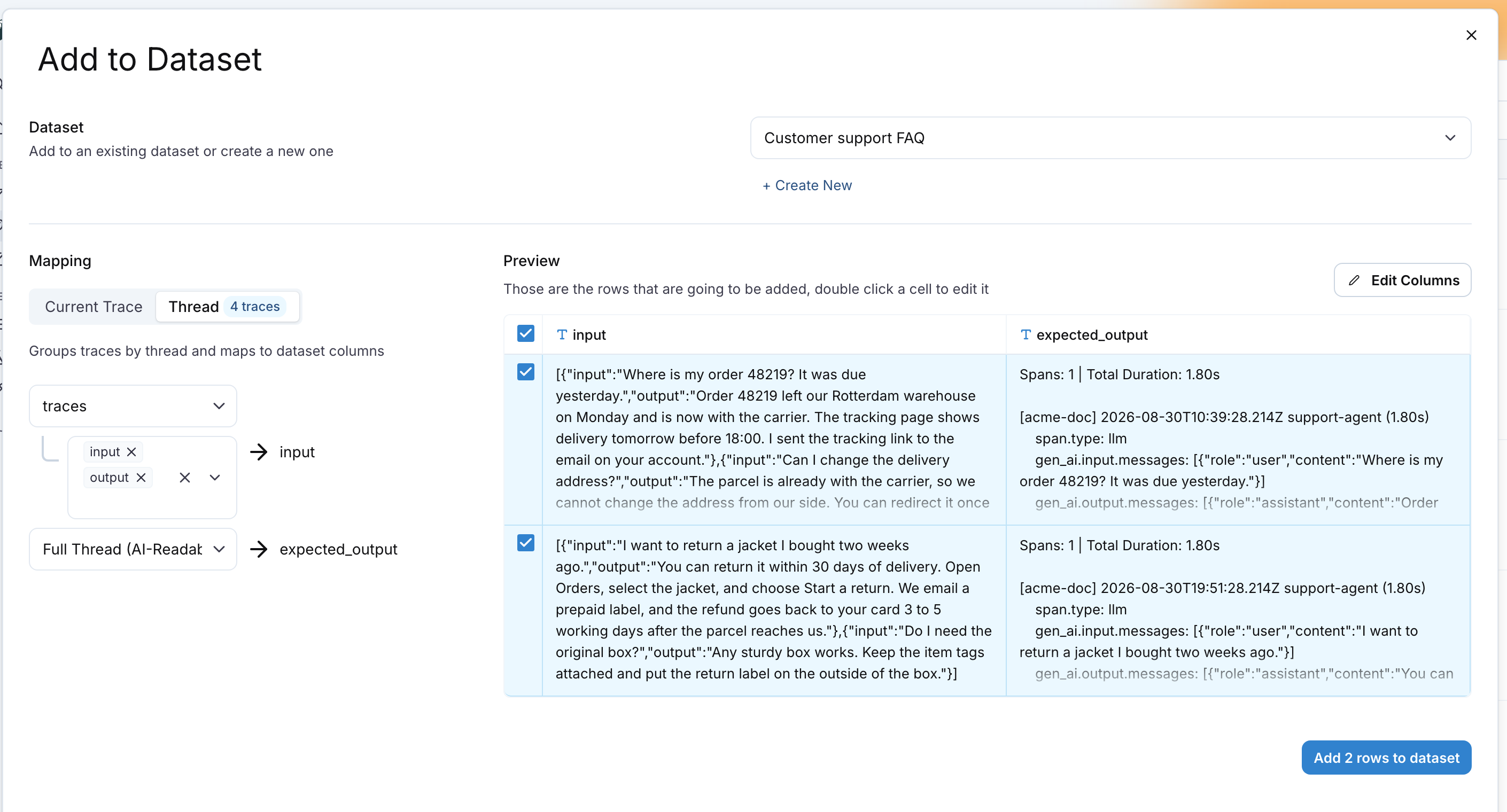 The Add to Dataset drawer with the mapping on Thread, the 4 traces badge, the traces source keeping input and output per trace, and Full Thread (AI-Readable) mapped onto a second column