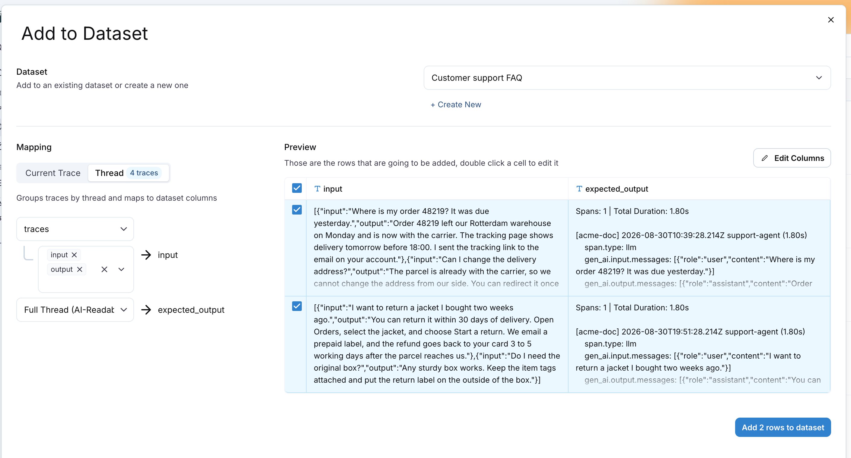 The Add to Dataset drawer with the mapping on Thread, the 4 traces badge, the traces source keeping input and output per trace, and Full Thread (AI-Readable) mapped onto a second column