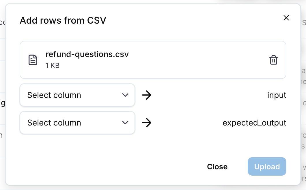 The Add rows from CSV modal with a CSV file attached and a Select column control for the input and expected_output columns