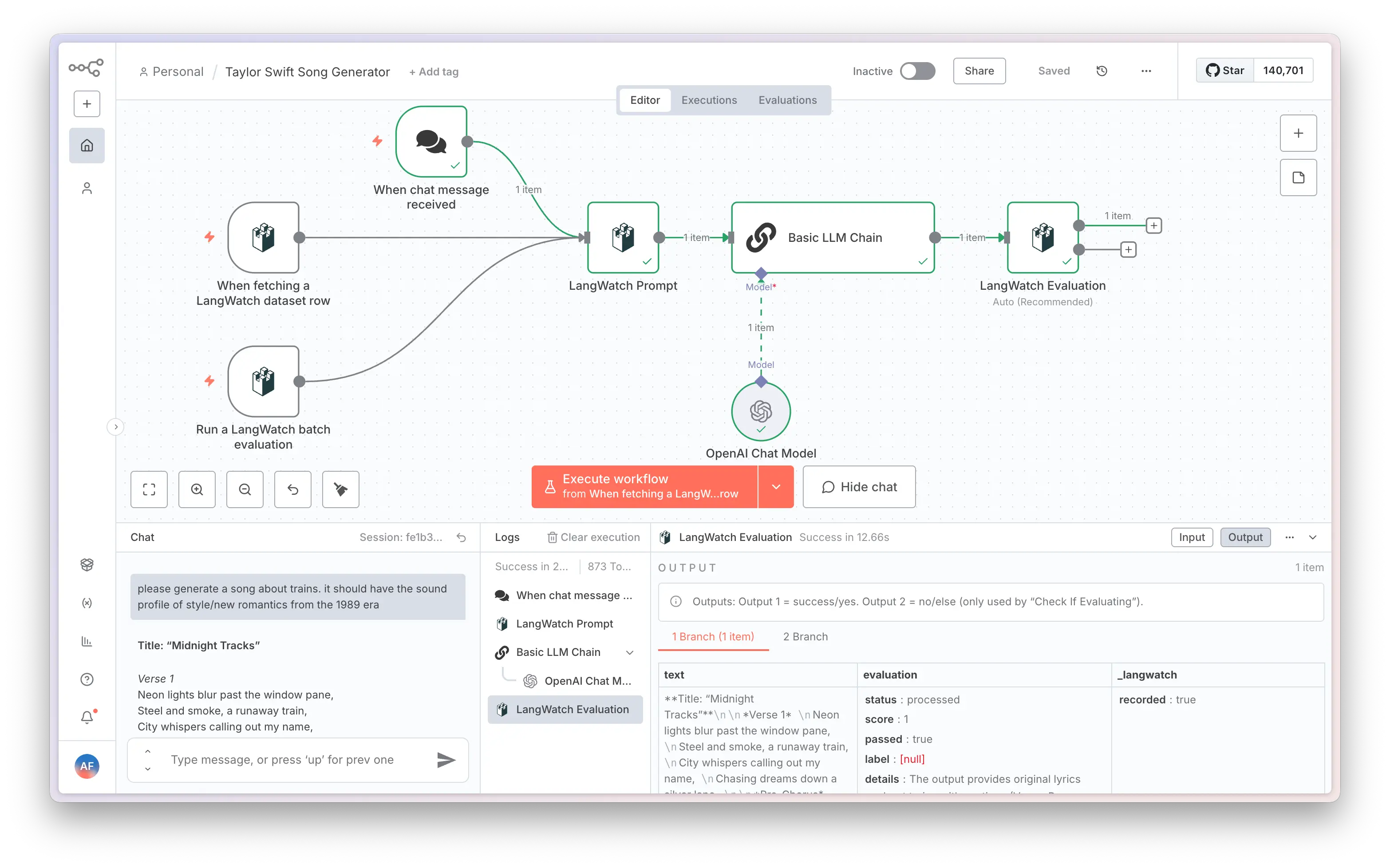 Complete n8n workflow with LangWatch nodes and observability