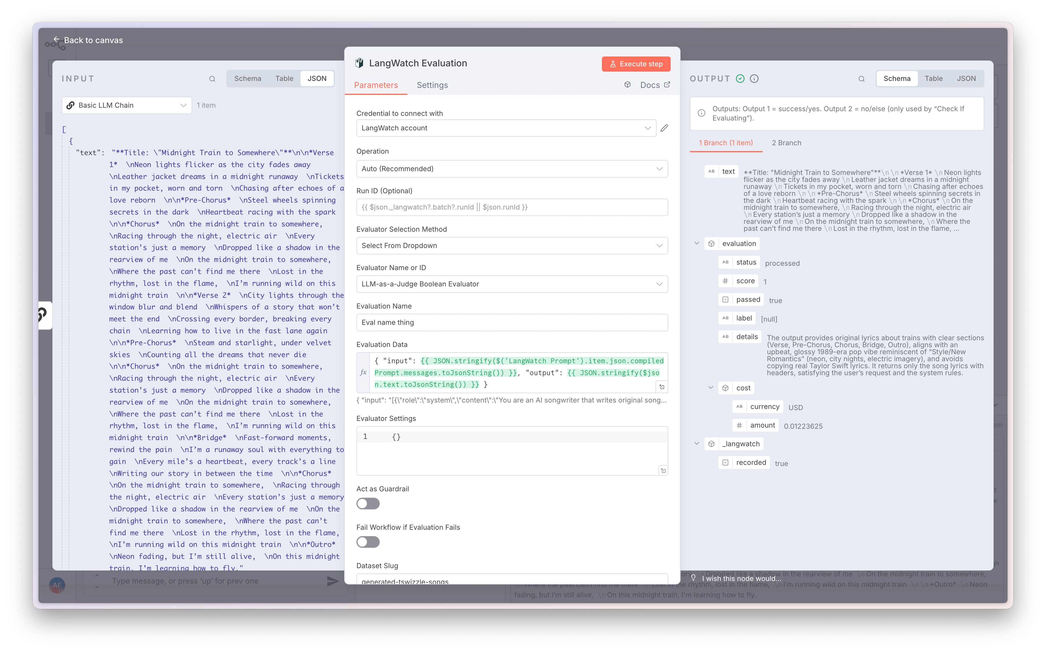 Evaluation node configuration showing auto mode