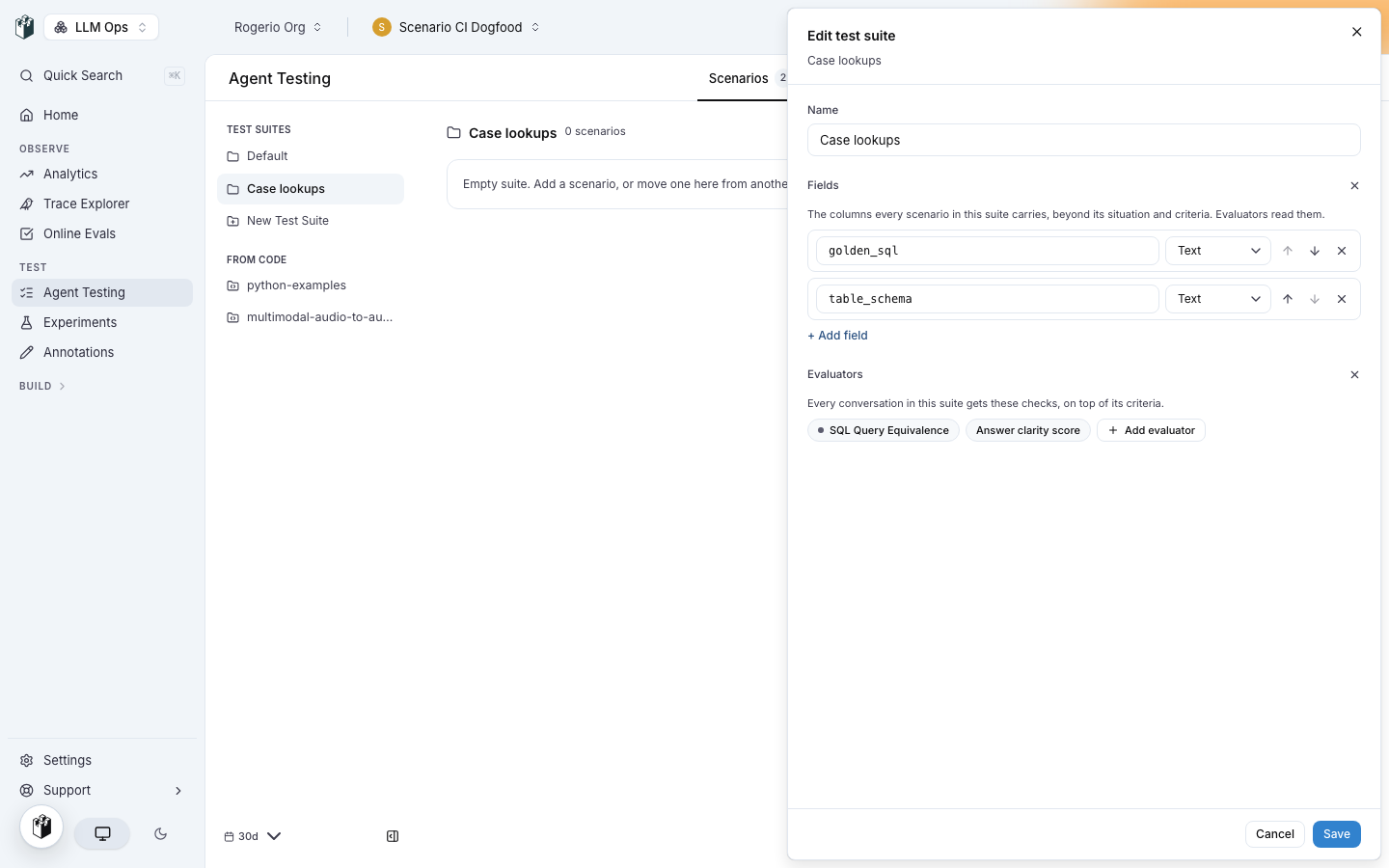 The suite editor with two fields, golden_sql and table_schema, and two evaluator chips, SQL Query Equivalence marked as required and a score judge