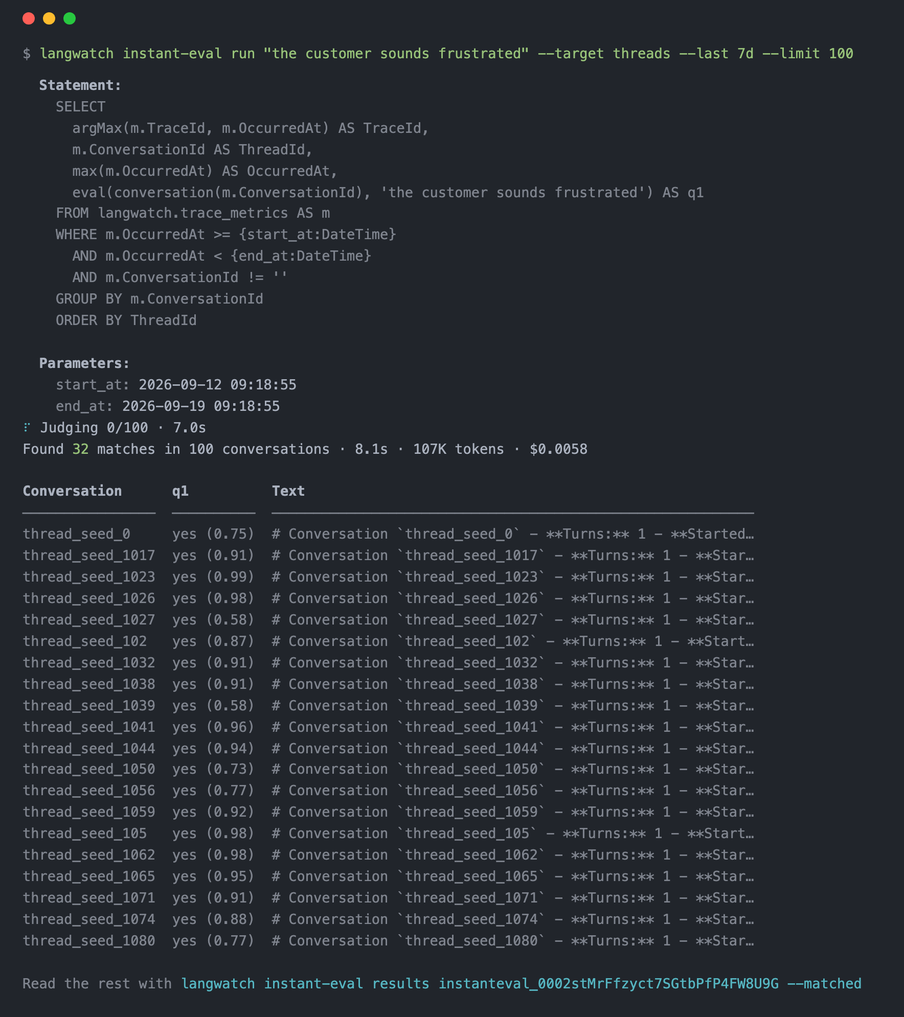 Terminal output of an Instant Eval run over 100 conversations