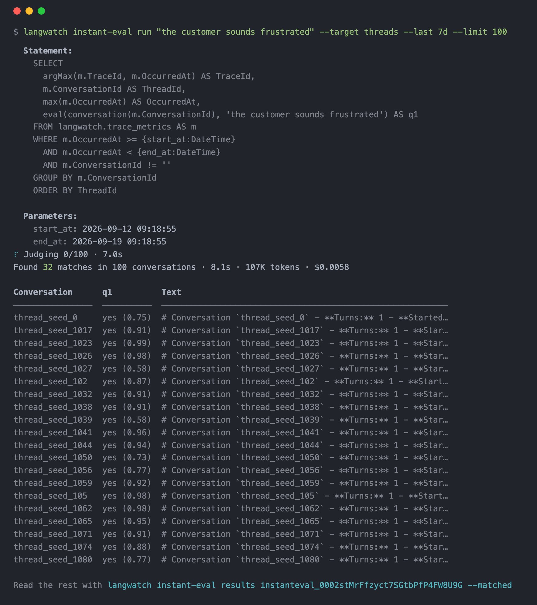 Terminal output of an Instant Eval run over 100 conversations