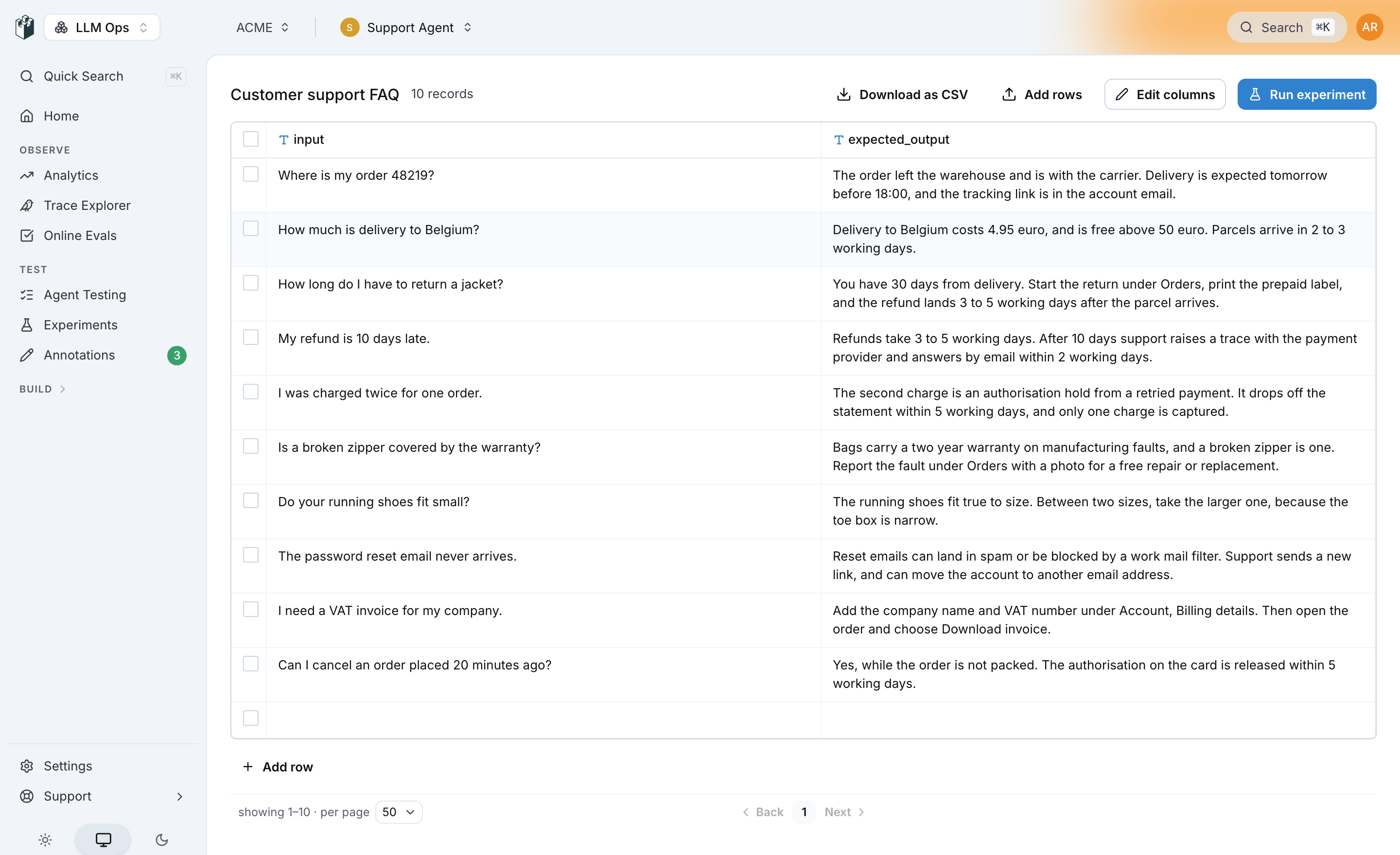 A dataset page with rows in the grid and the Download as CSV, Add rows, Edit columns and Run experiment buttons