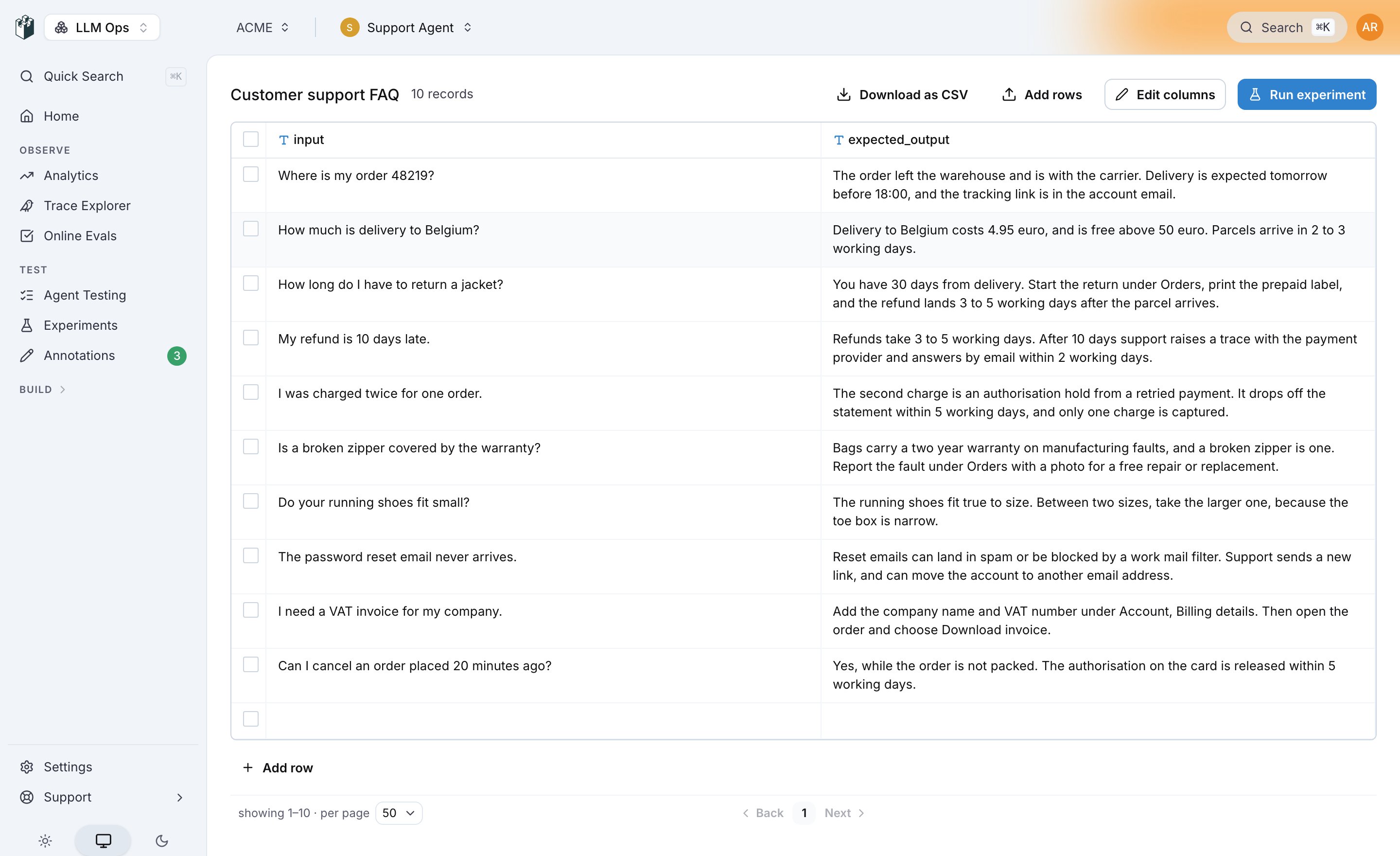 A dataset page with rows in the grid and the Download as CSV, Add rows, Edit columns and Run experiment buttons