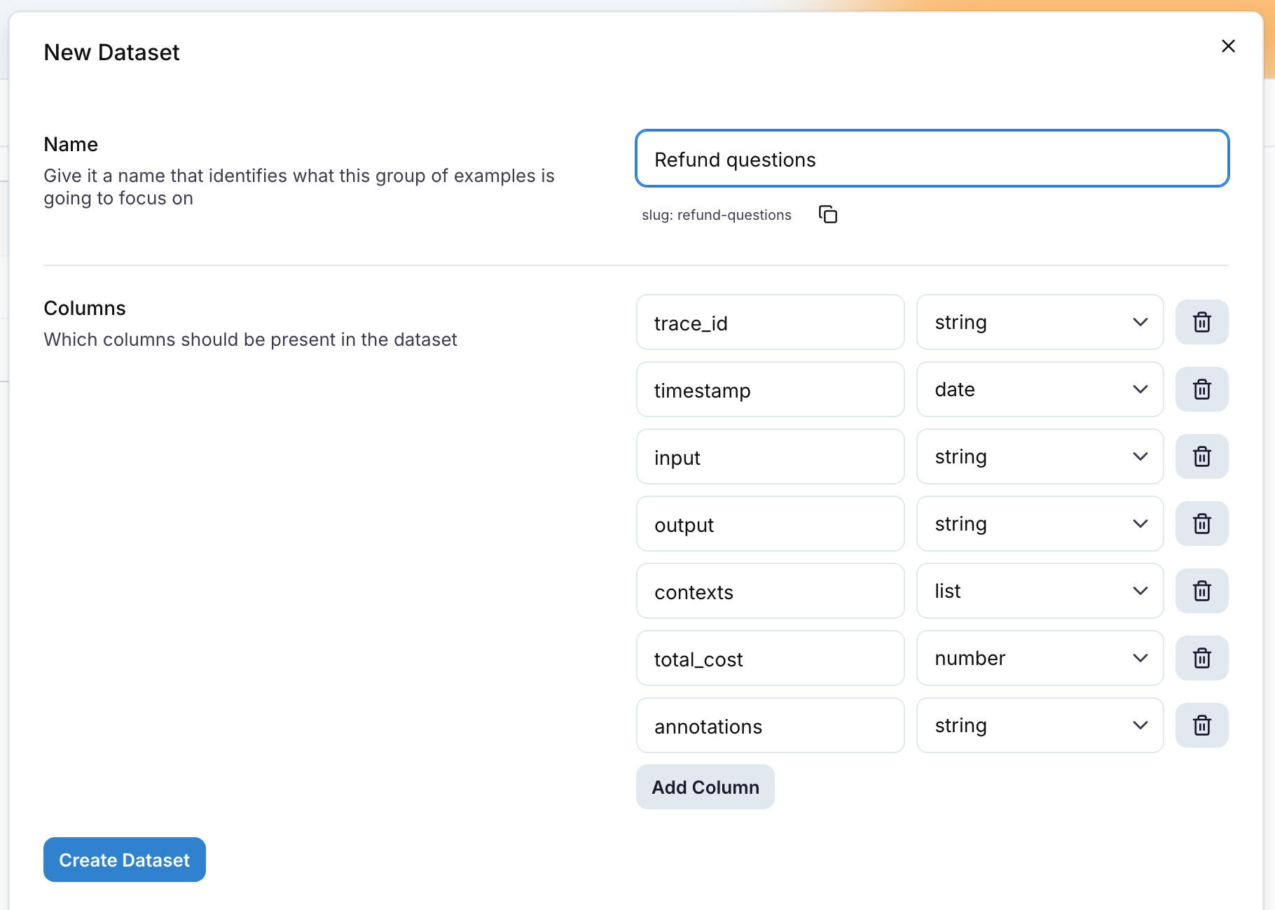 The New Dataset drawer with the name, its slug, and the default columns with their types