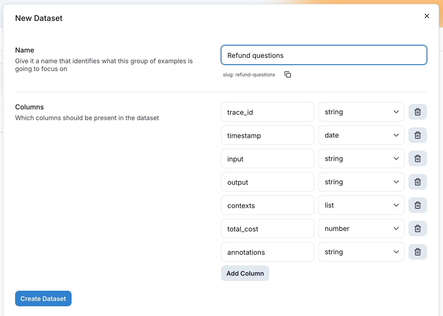 The New Dataset drawer with the name, its slug, and the default columns with their types