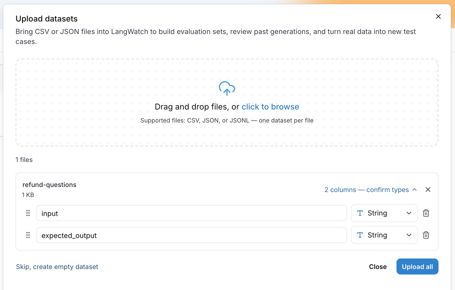 The Upload datasets drawer with a CSV file added and its columns listed