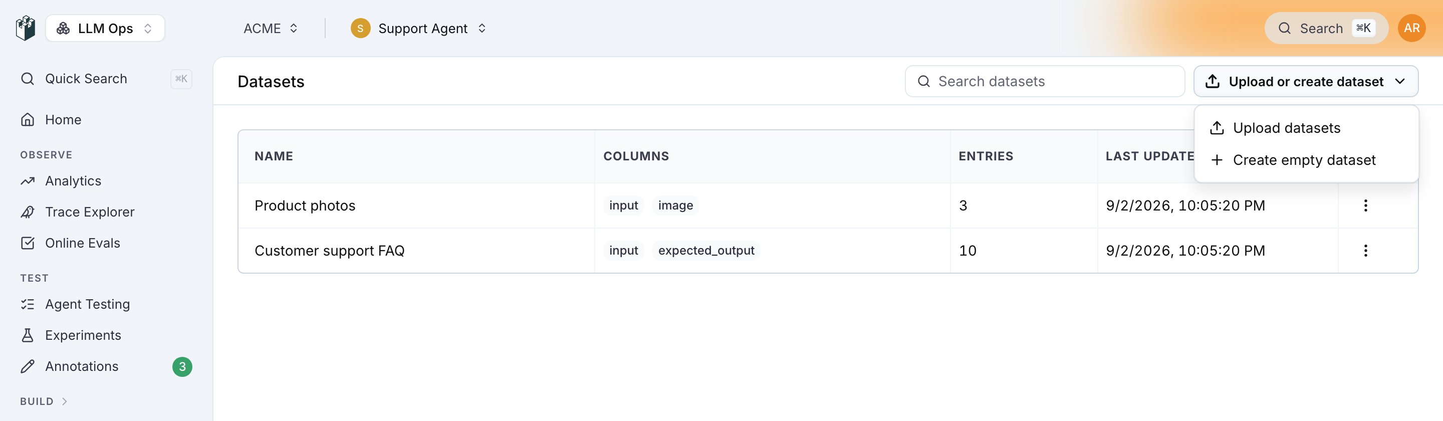 The Datasets list with the Upload or create dataset menu open