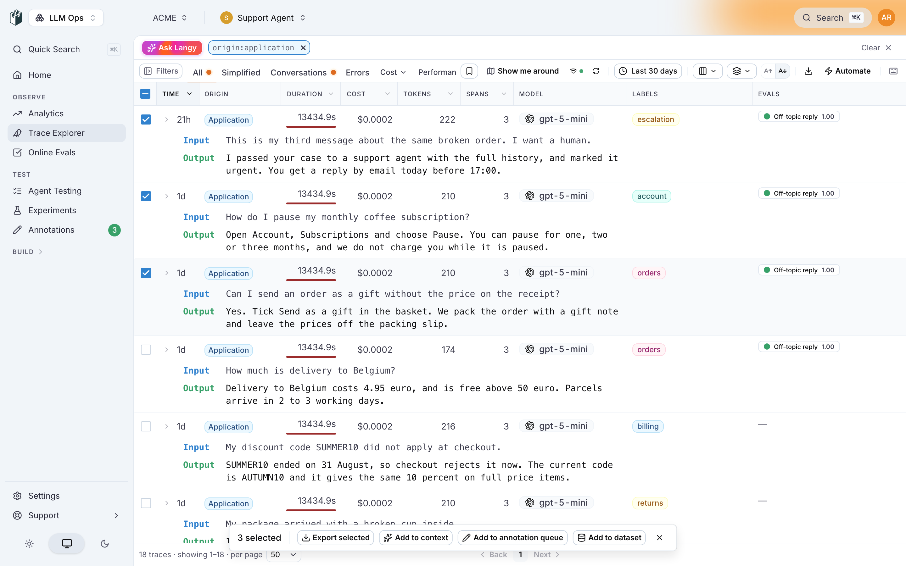 The Trace Explorer with three traces selected and the action bar: Export selected, Add to context, Add to annotation queue and Add to dataset