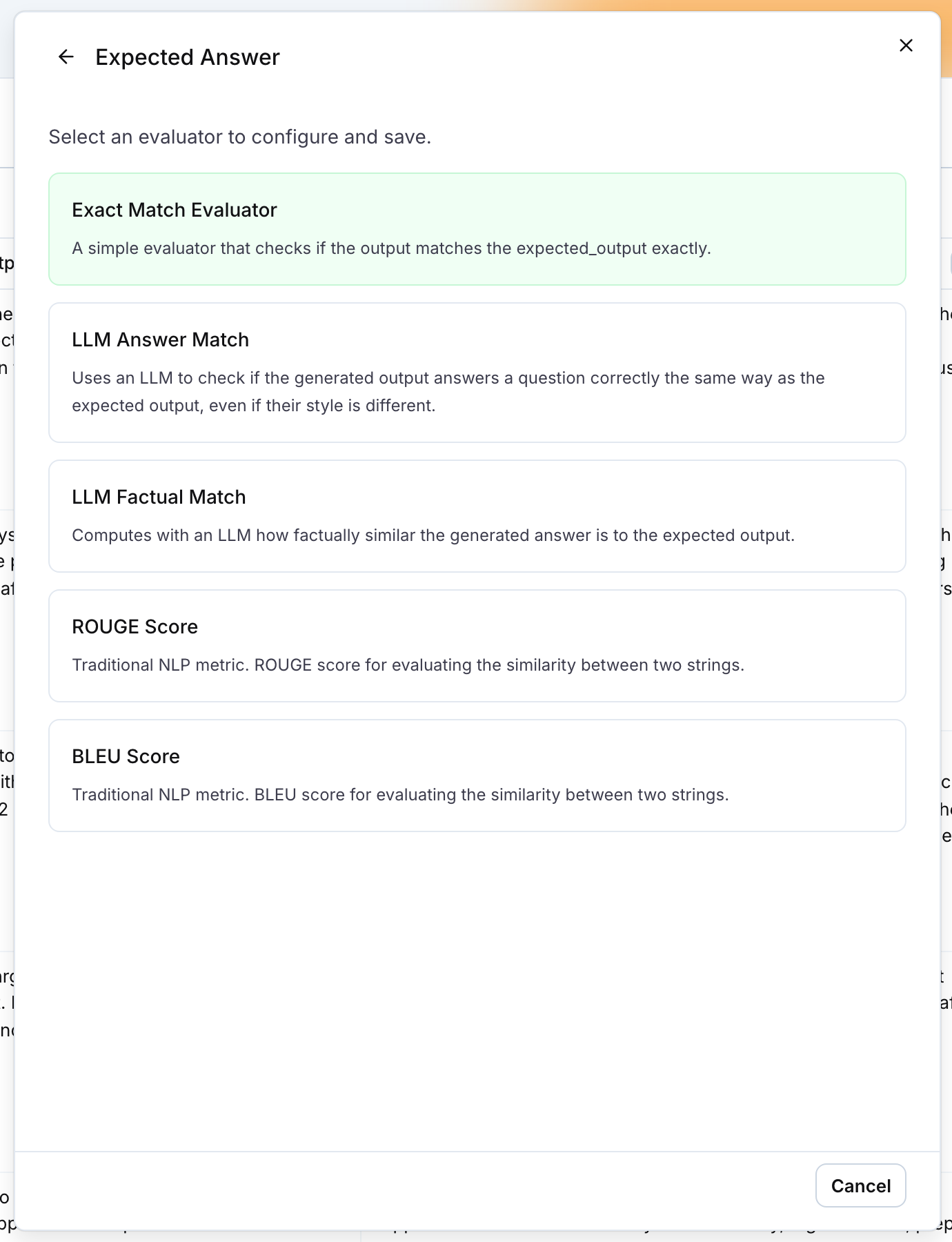 The Expected Answer category with Exact Match Evaluator, LLM Answer Match, LLM Factual Match, ROUGE Score and BLEU Score