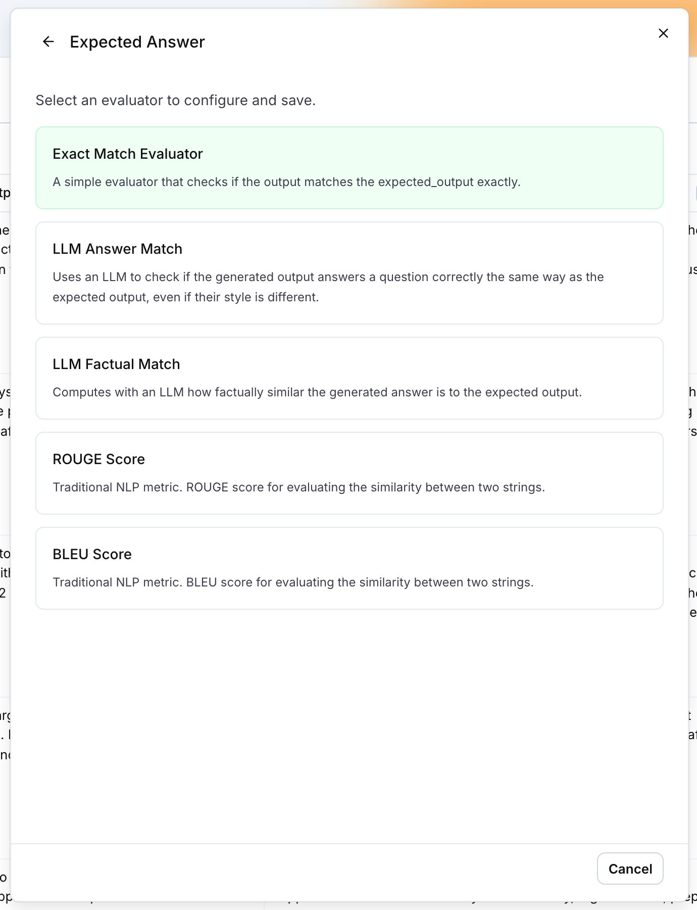 The Expected Answer category with Exact Match Evaluator, LLM Answer Match, LLM Factual Match, ROUGE Score and BLEU Score