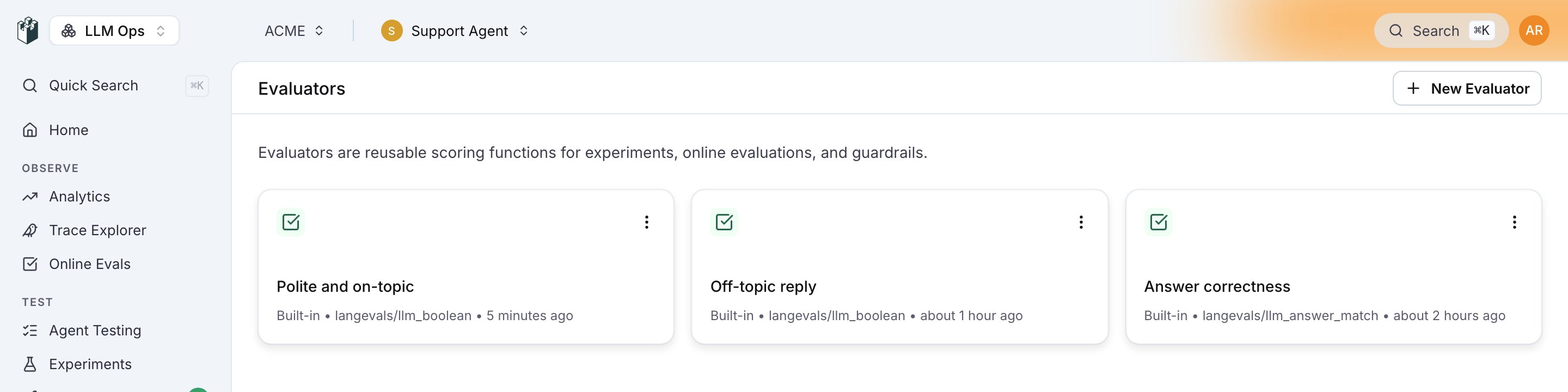 The Evaluators page with three saved evaluators and the New Evaluator button