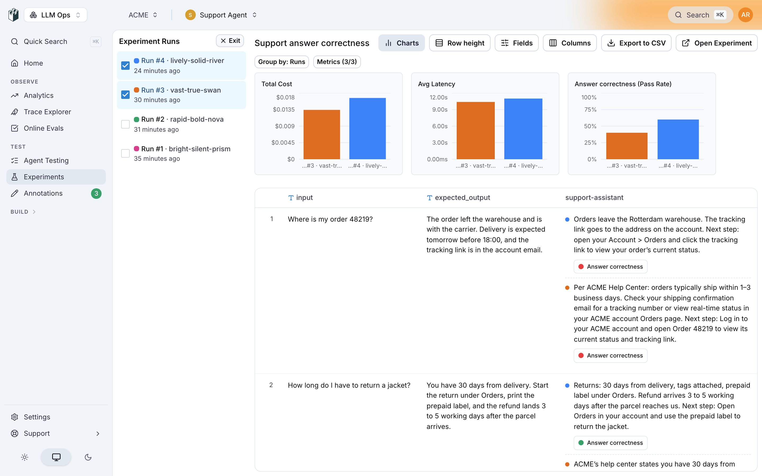 The results page with two experiment runs compared side by side