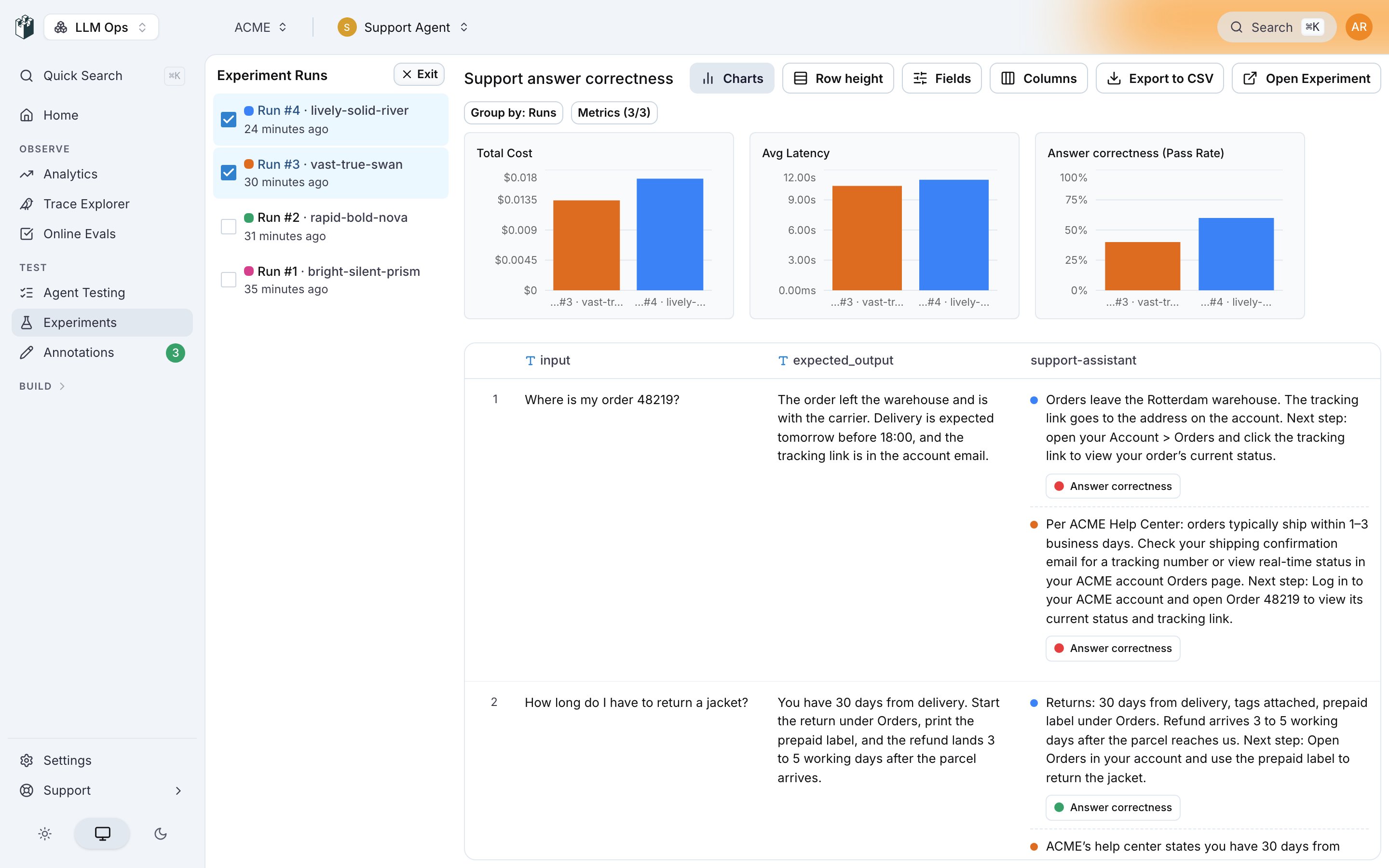 The results page with two experiment runs compared side by side