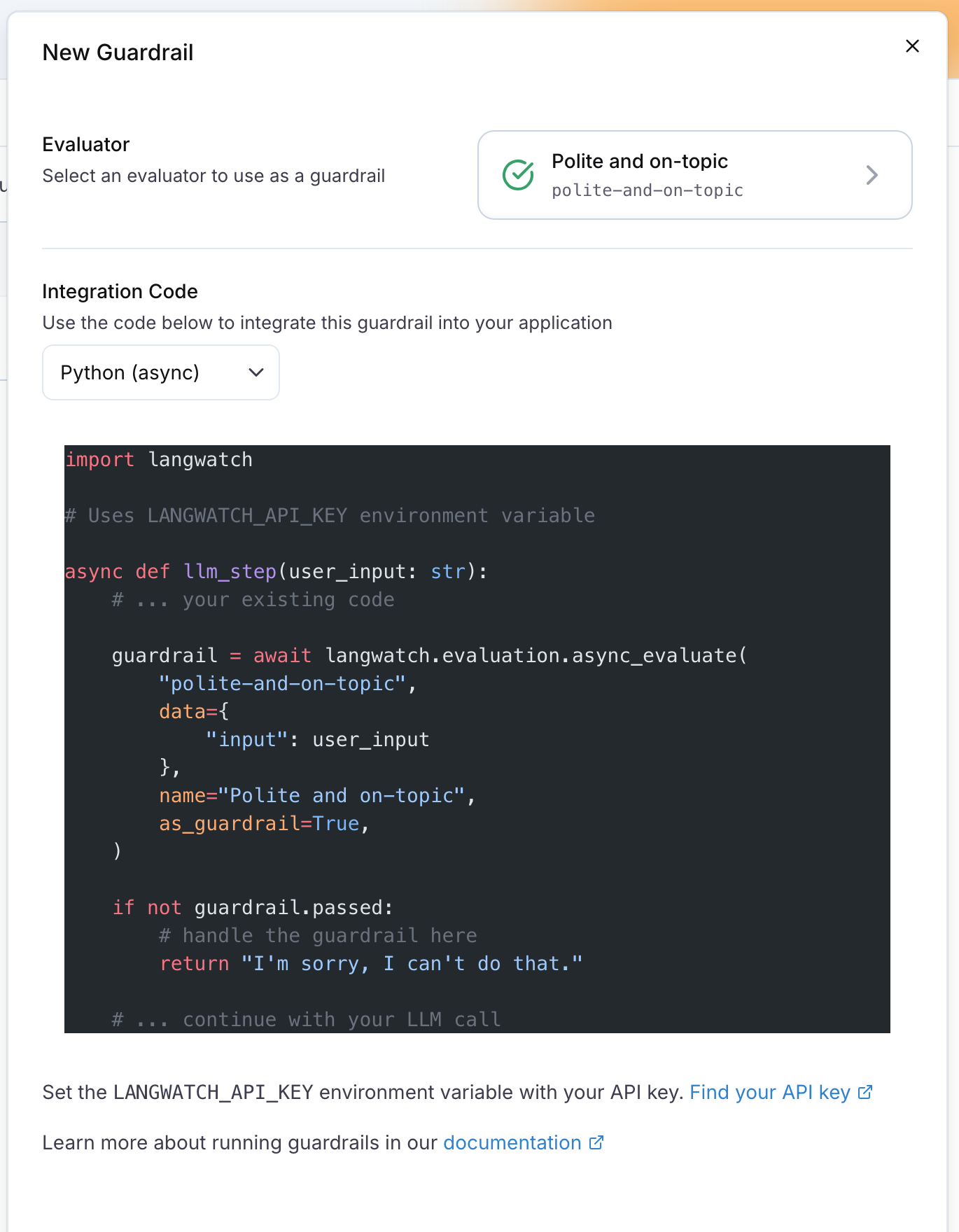 The New Guardrail drawer with an evaluator selected and the Python integration code
