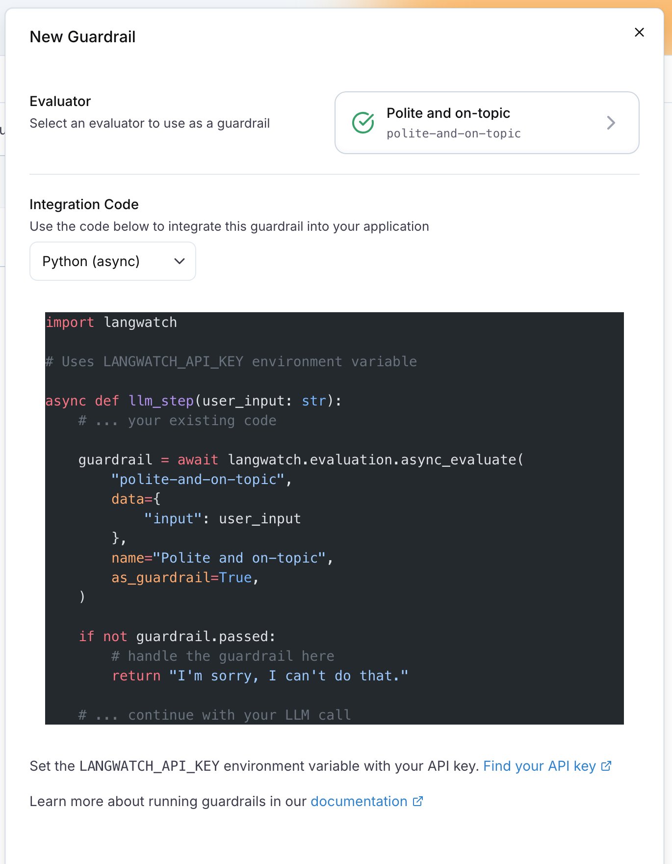 The New Guardrail drawer with an evaluator selected and the Python integration code