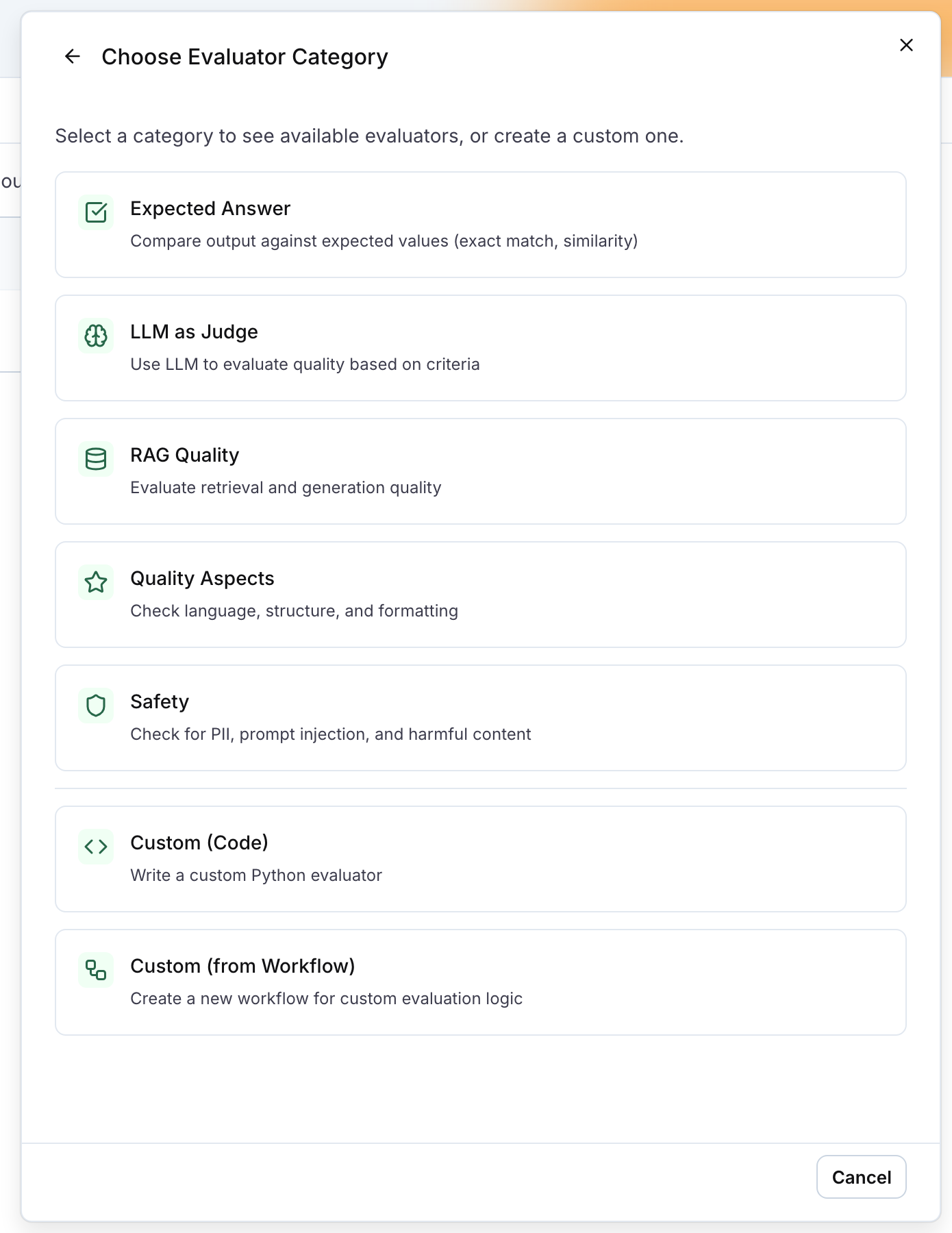 The Choose Evaluator Category drawer