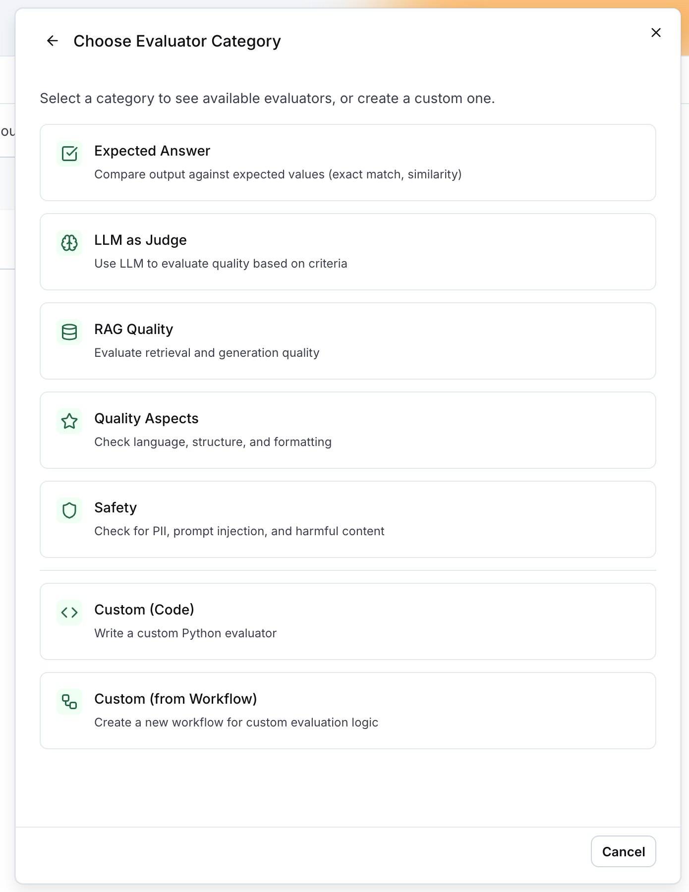 The Choose Evaluator Category drawer