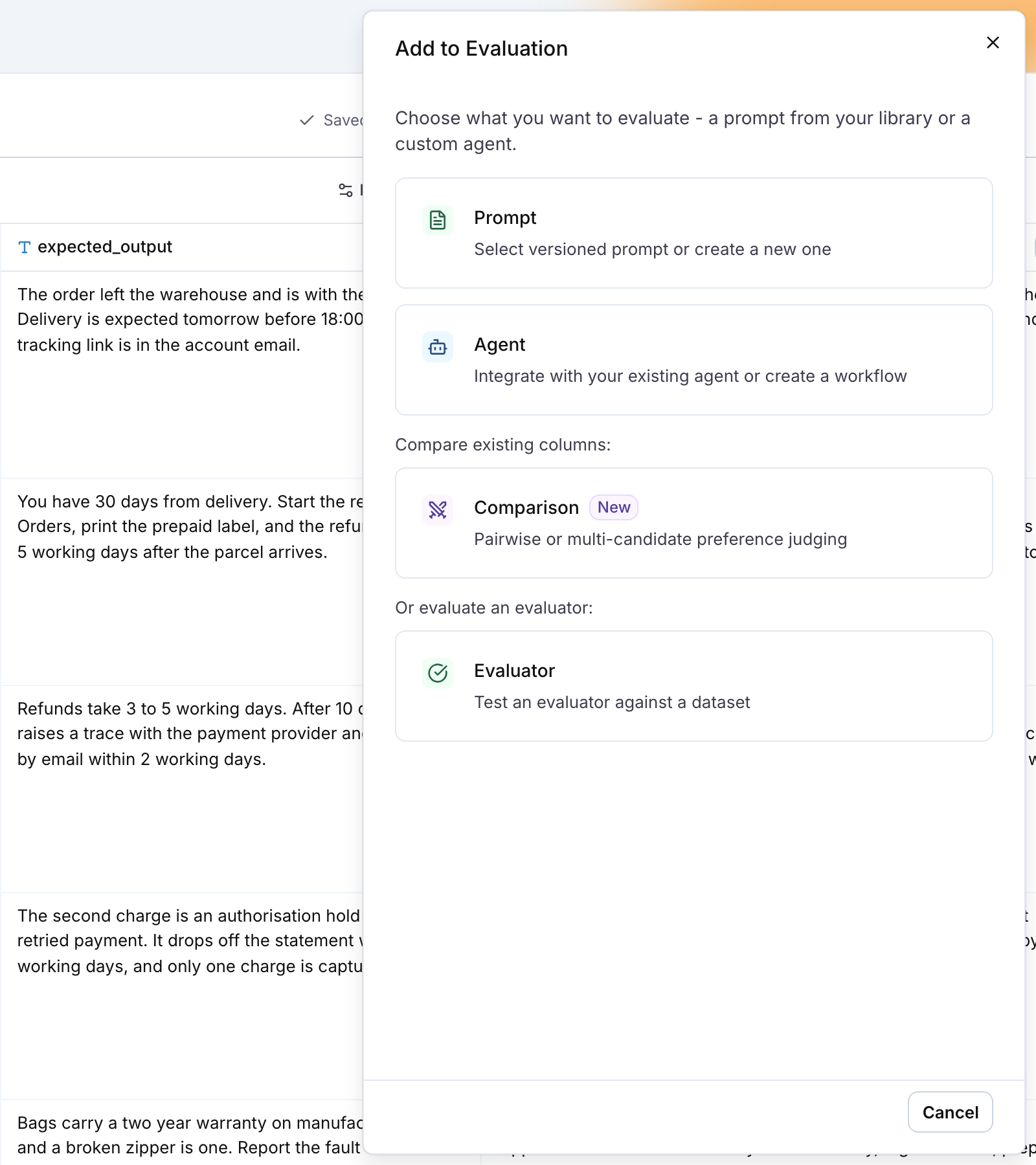 The Add to Evaluation drawer with the Prompt, Agent, Comparison and Evaluator cards